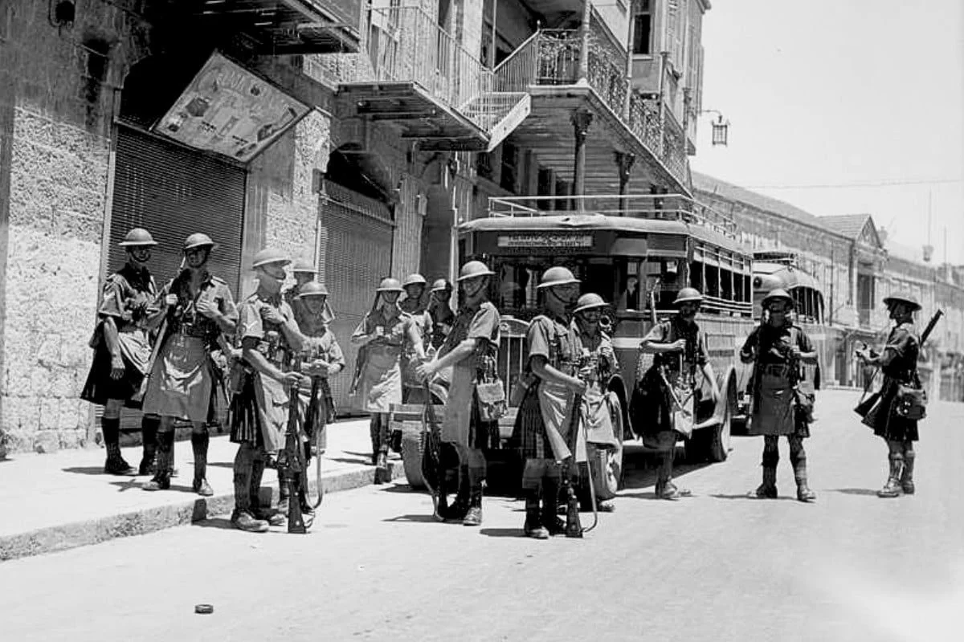British soldiers policing streets of Jerusalem, British mandate of Palestine, 1936.