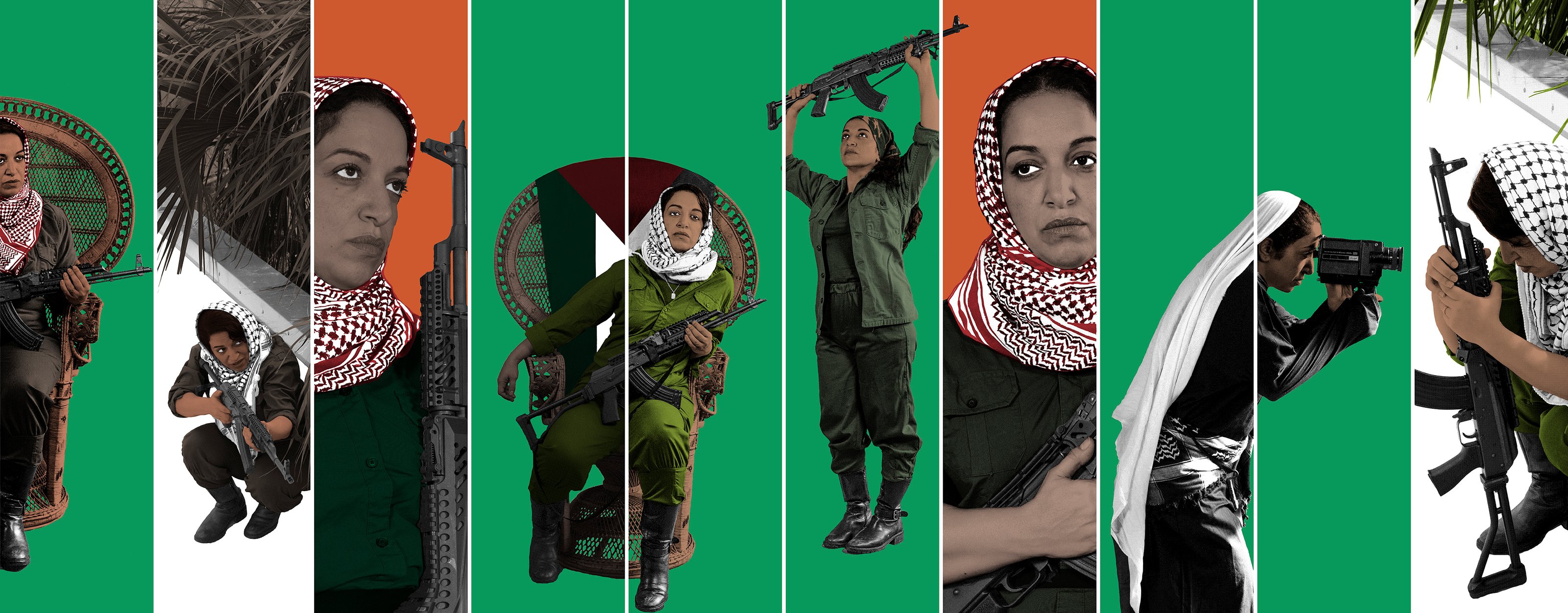 An artwork featuring multiple panels showing a woman in various poses and activities, including holding a rifle, raising a rifle above her head, and using a video camera. The background alternates between green and orange, and the woman wears a keffiyeh scarf in each panel, symbolizing resistance and struggle.