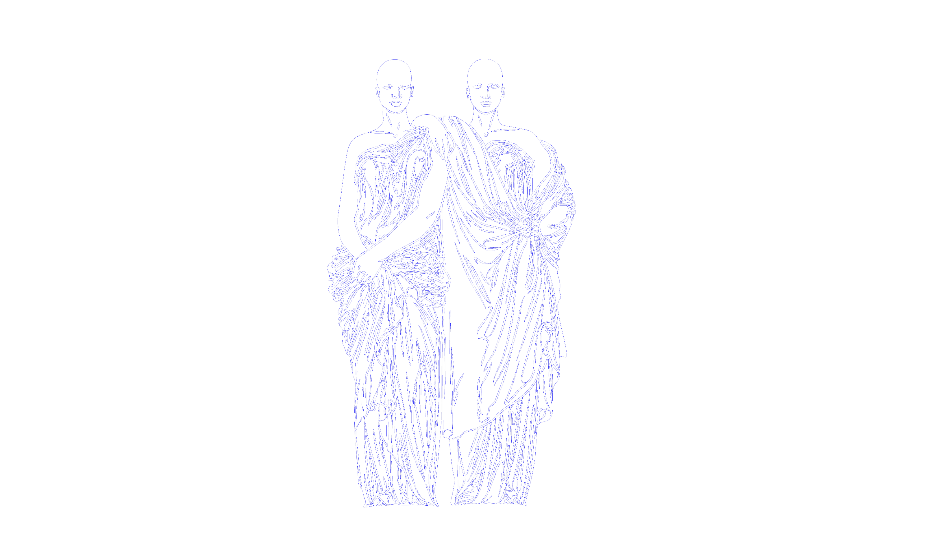 Two figures with one putting their arm over the other.