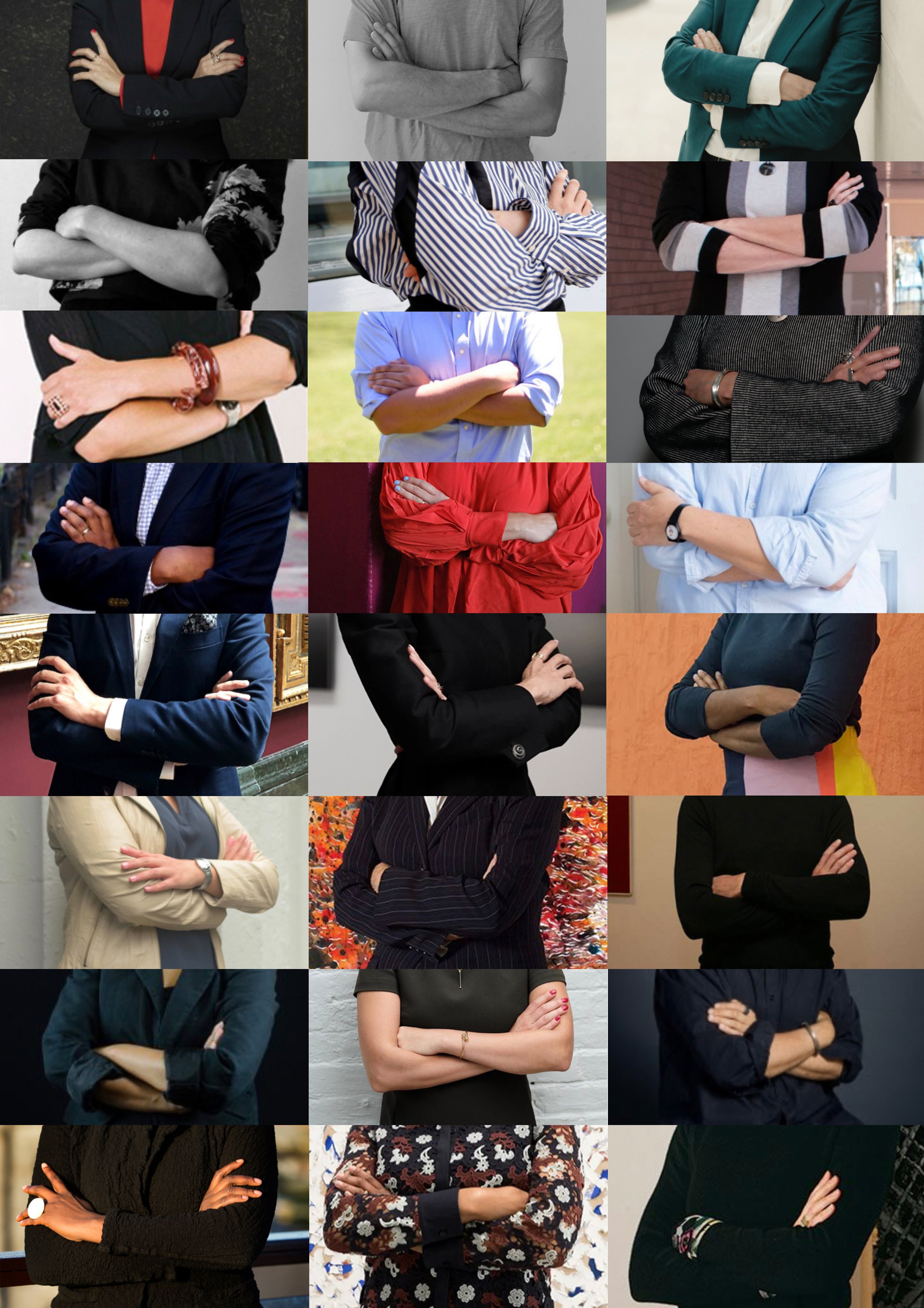 A collage of upper body photos of curators in formal wear, arms folded, made with stock images.