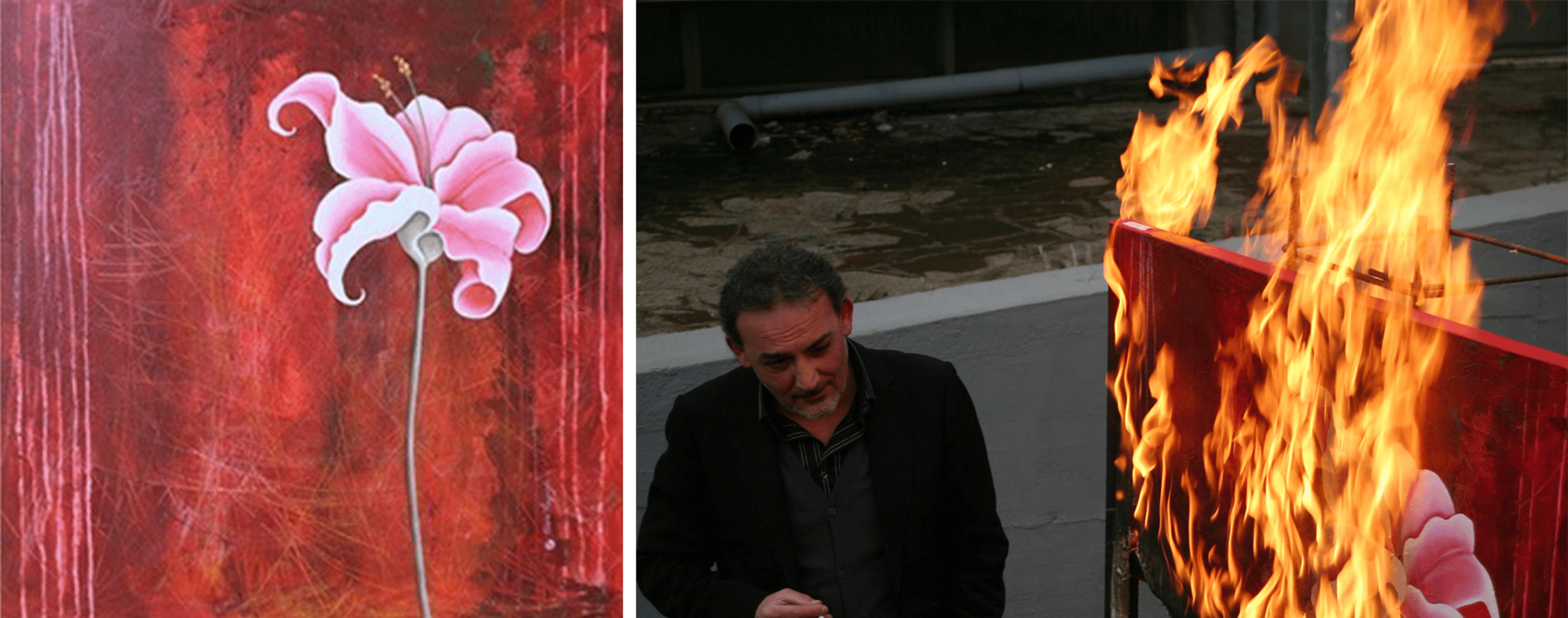 A pink flower on a red painting on the left. Standing next to the burning red picture on the right, Antonio Manfredi in a black suit is smoking a cigarette.