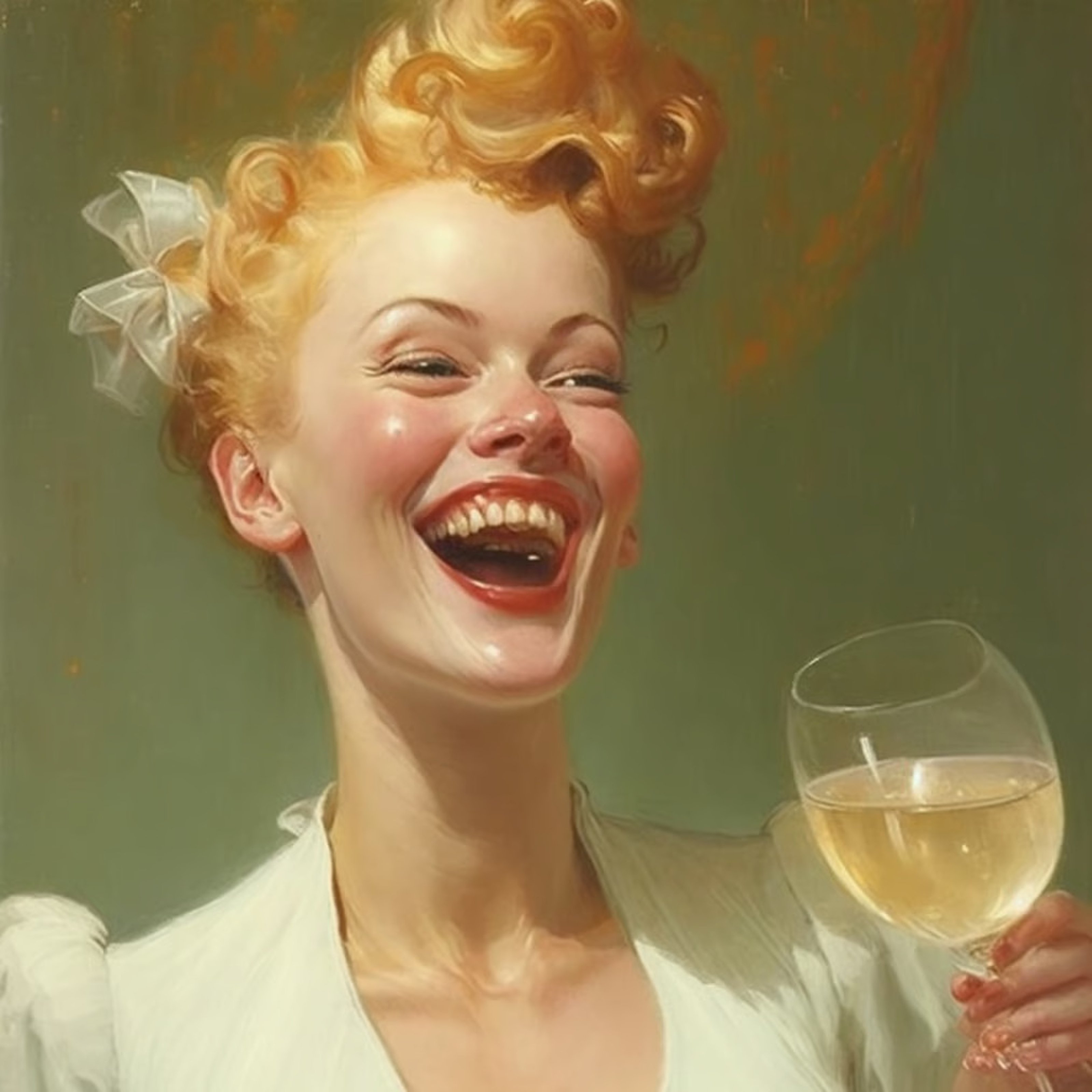 A female subject laughing, happy, delirious and drinking champagne.