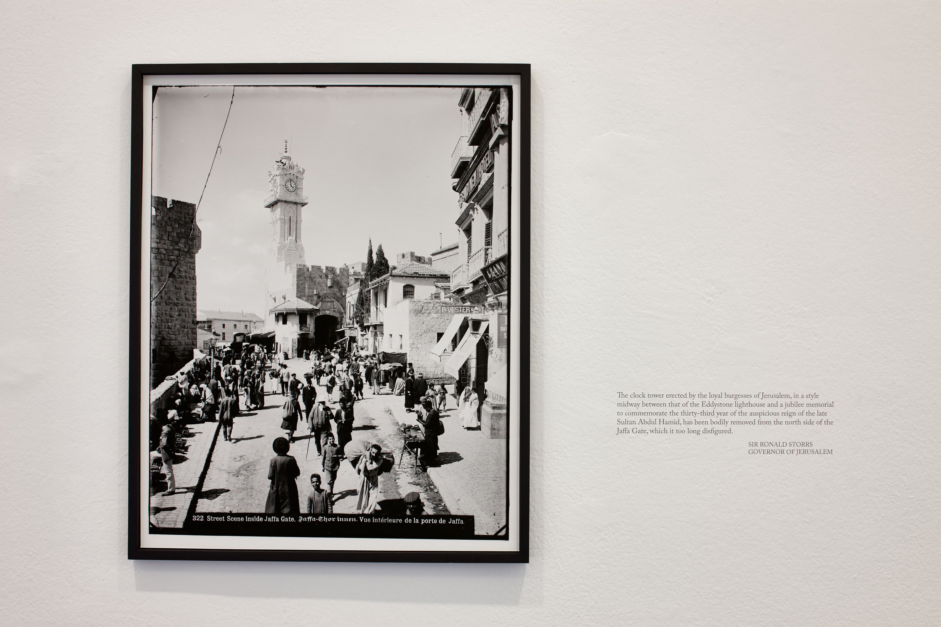 A black and white historical photograph of Jaffa Gate with the text '322 Street Scene inside Jaffa Gate' written on it.