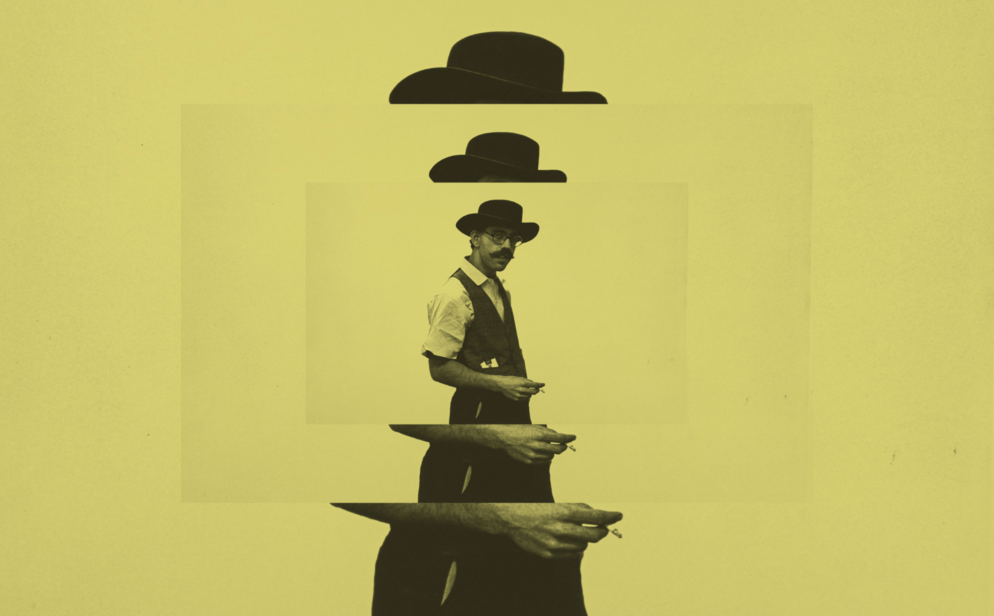 A man with glasses and a mustache in a black fedora, white short-sleeved shirt and black waistcoat and pants holding a cigarette in his right hand, stands in front of a yellow background. The repetitive pose is arranged in order from largest to smallest.