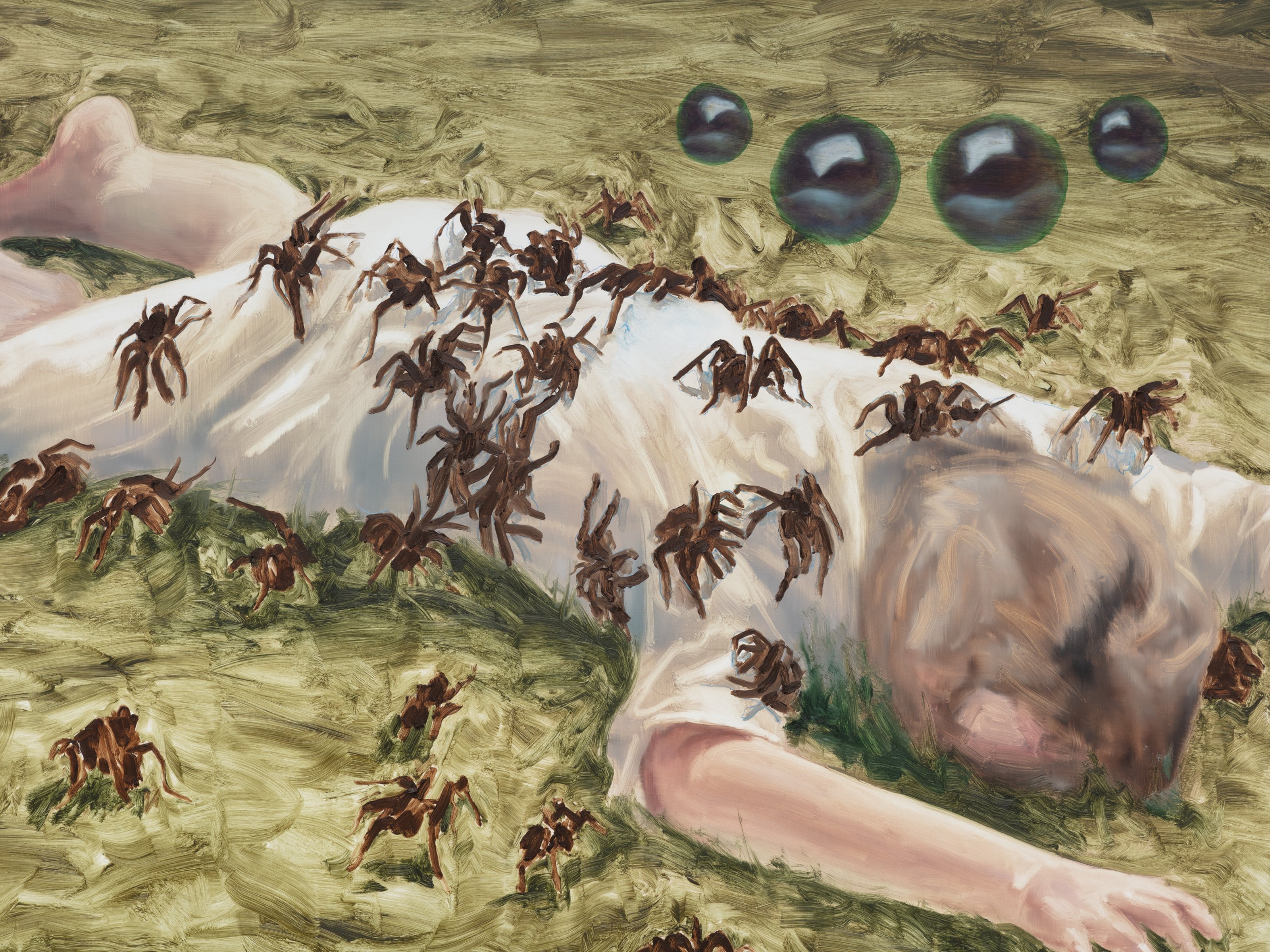 A figure in a white dress is lying face down on a straw-like yellow tone with large black spiders crawling on it.