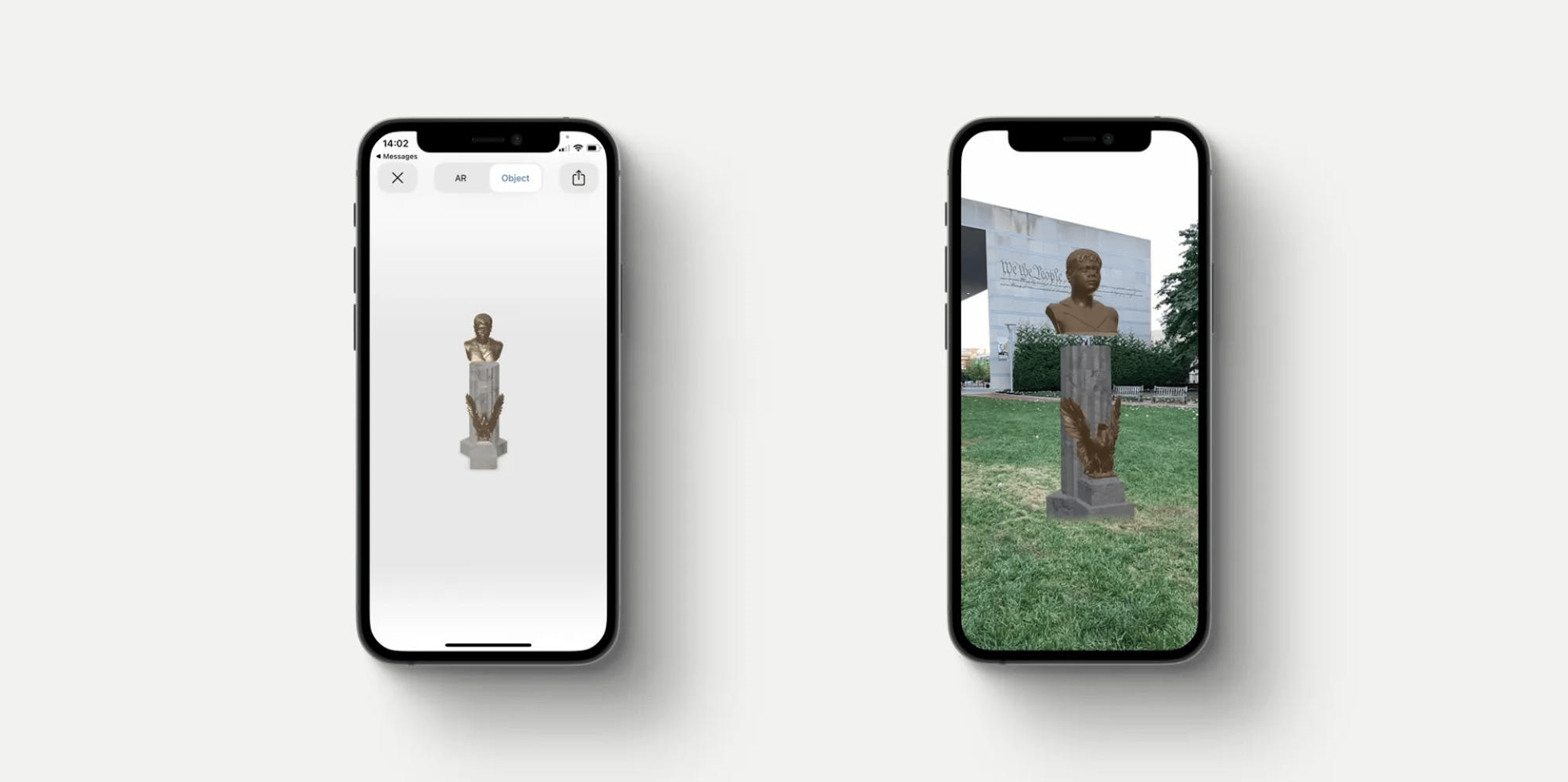 AR generated monuments are shown on two smartphones placed against a white background.