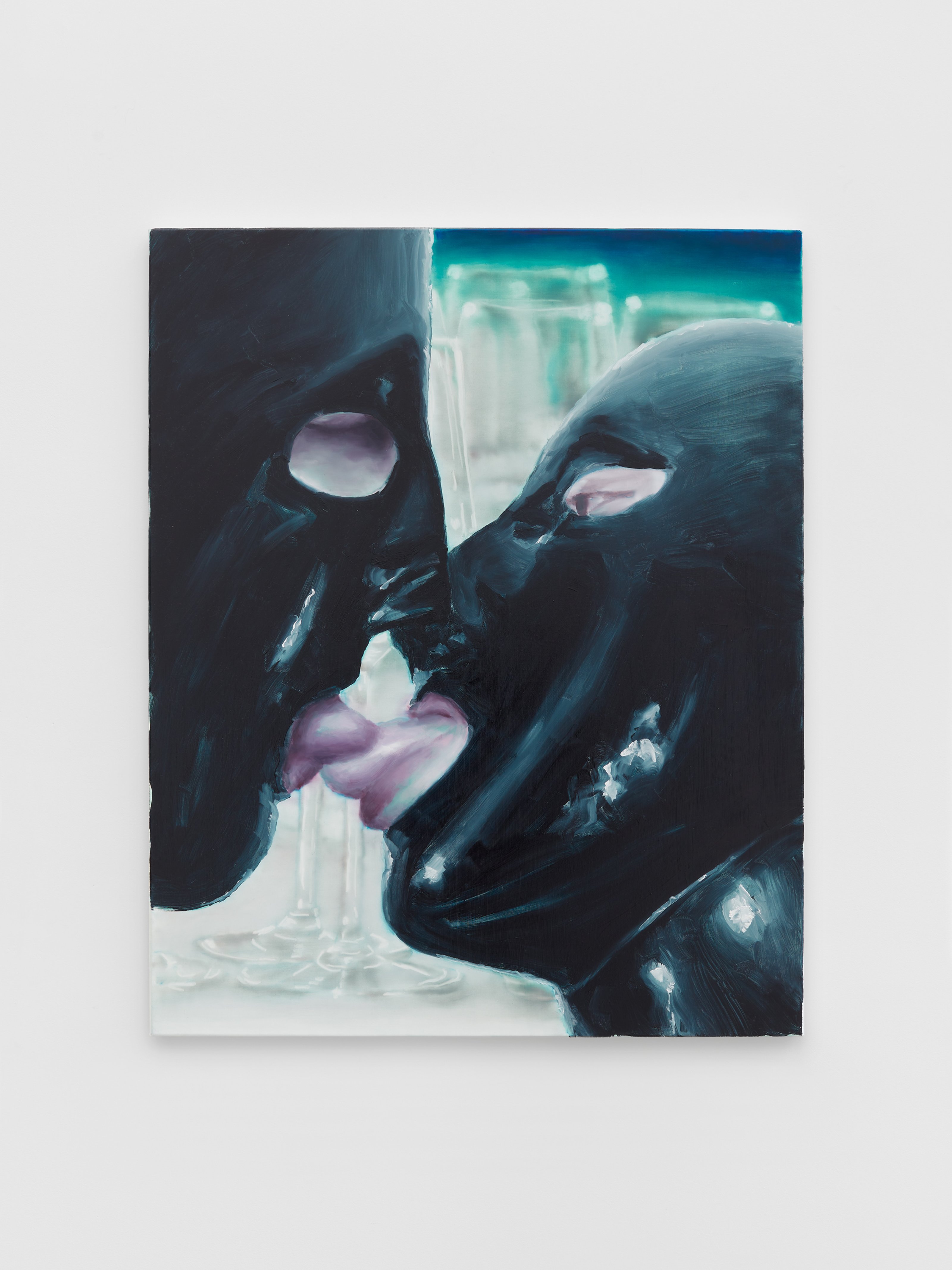 Two figures in gimp masks kissing.