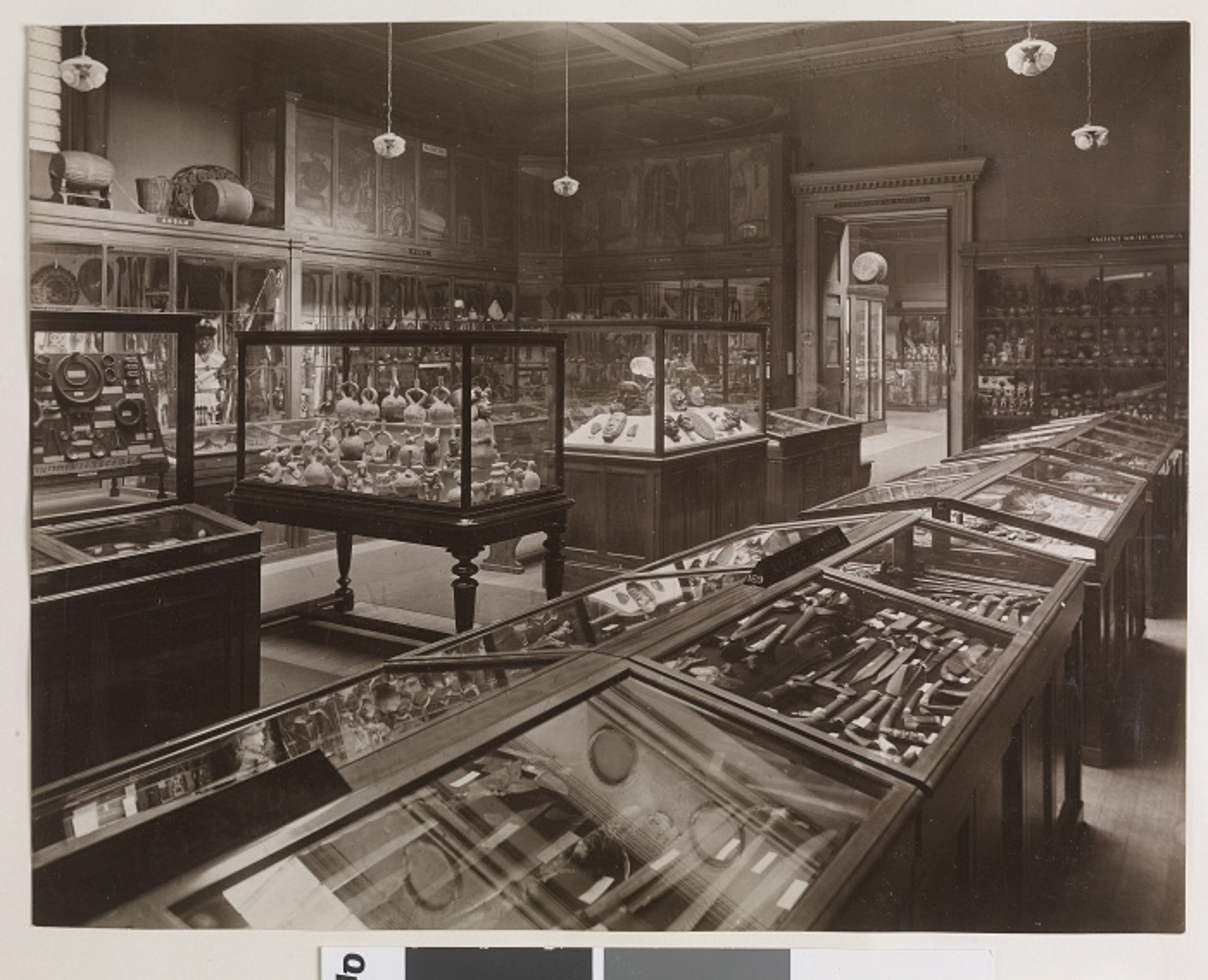 A black-and-white photograph of the British Museum from 1908, featuring objects exhibited inside glass vitrines.