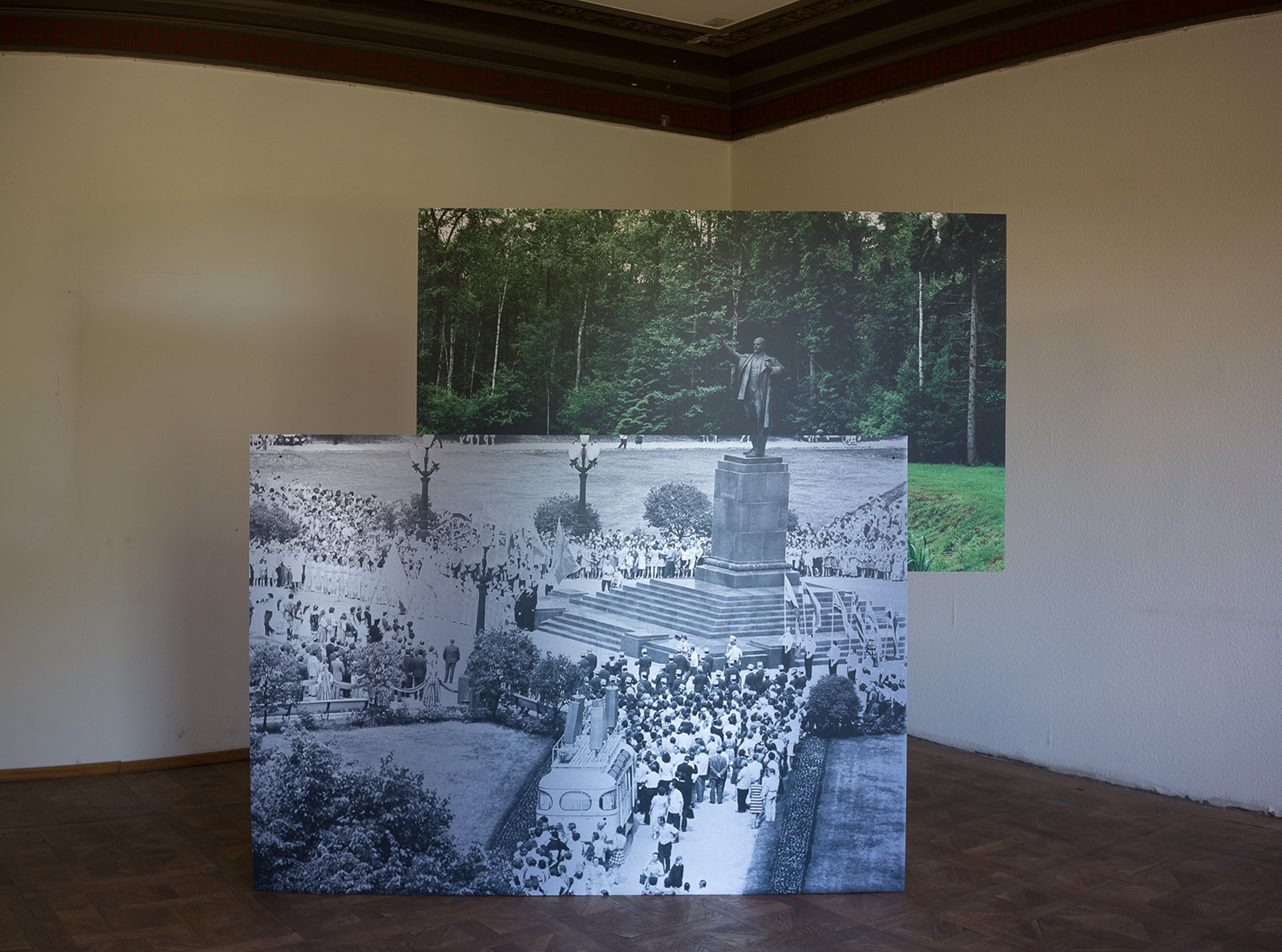 An installation consisting of a printed combination of a square's black and white photographs.