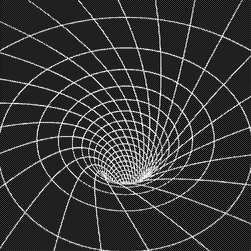 Animated black and white drawing of a wireframe tunnel.