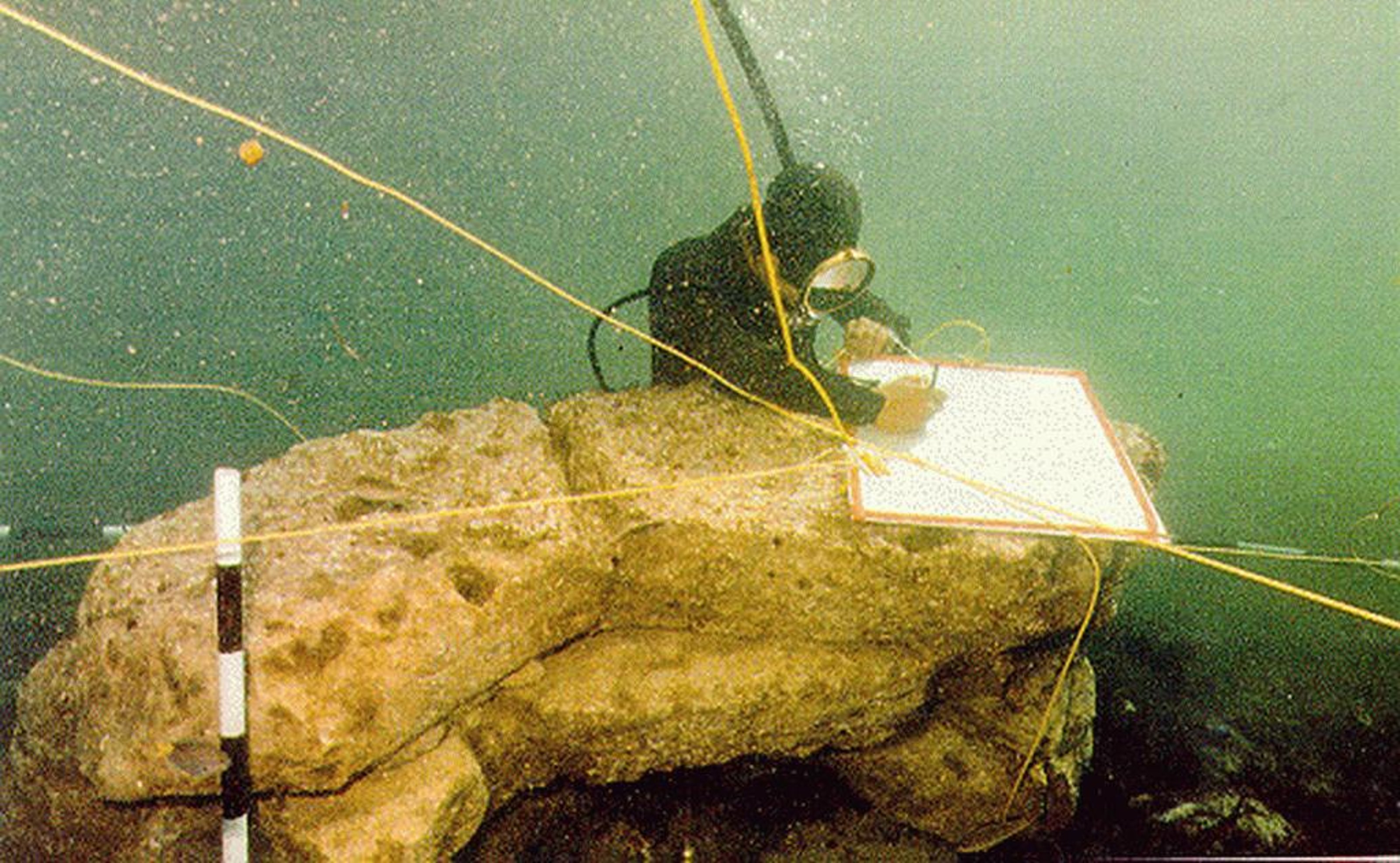 An underwater archaeologist in a black diving suit leans on an off-white rock and sketches while exploring the ancient city of Dwarka, 36 meters beneath sea level.
