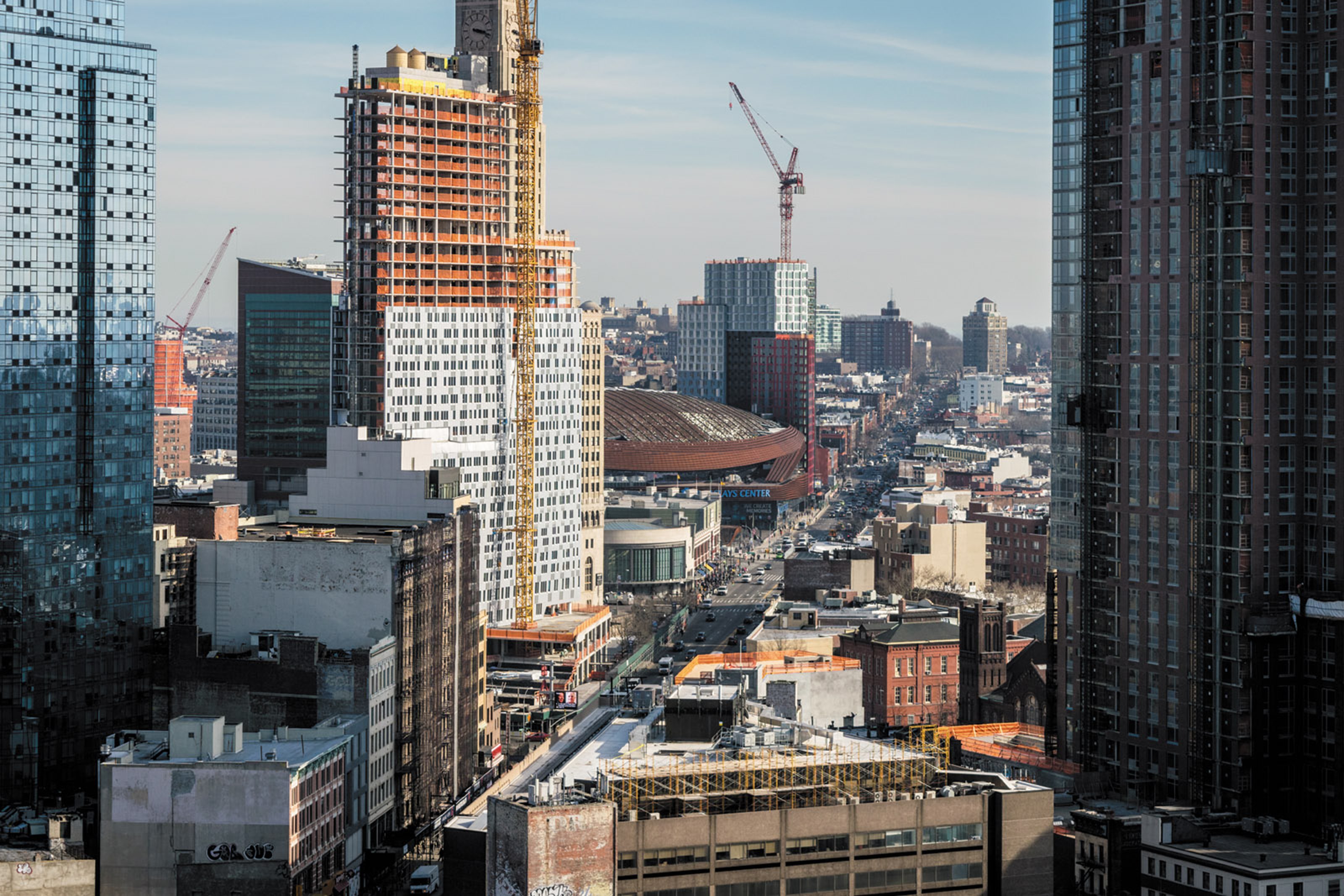 A view from 7 DeKalb Avenue, an apartment tower in Downtown Brooklyn. Multiple construction sites on luxury condos are visible. 