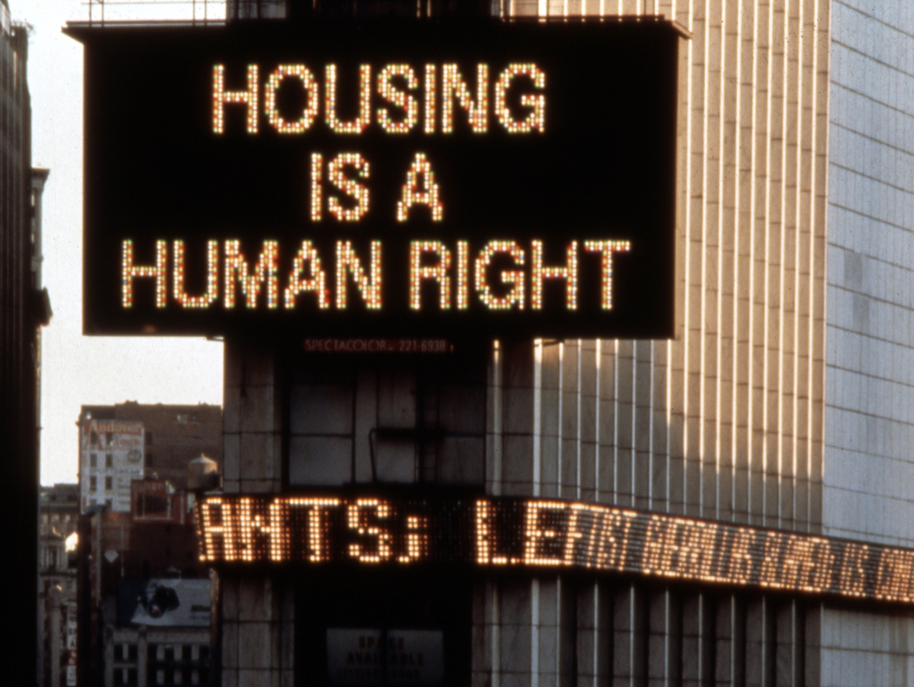 Martha Rosler, Housing Is a Human Right, Time Square Spectacolor animation detail, 1989