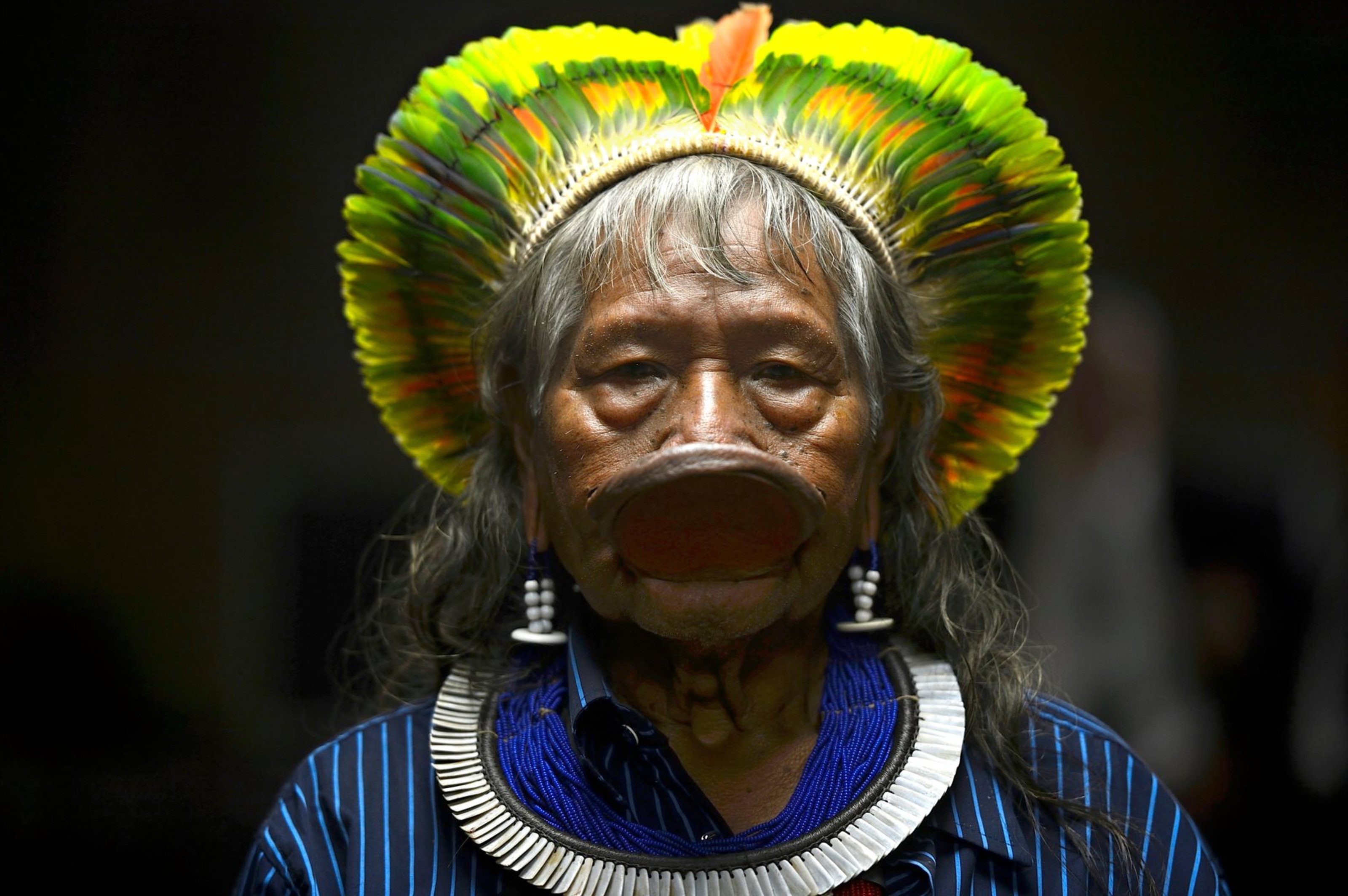 Brazilian indigenous chief Raoni Metuktire of the Kayapo ethnic group during the 1st World Congress on Environmental Law April 29, 2016 in Rio de Janerio, Brazil.