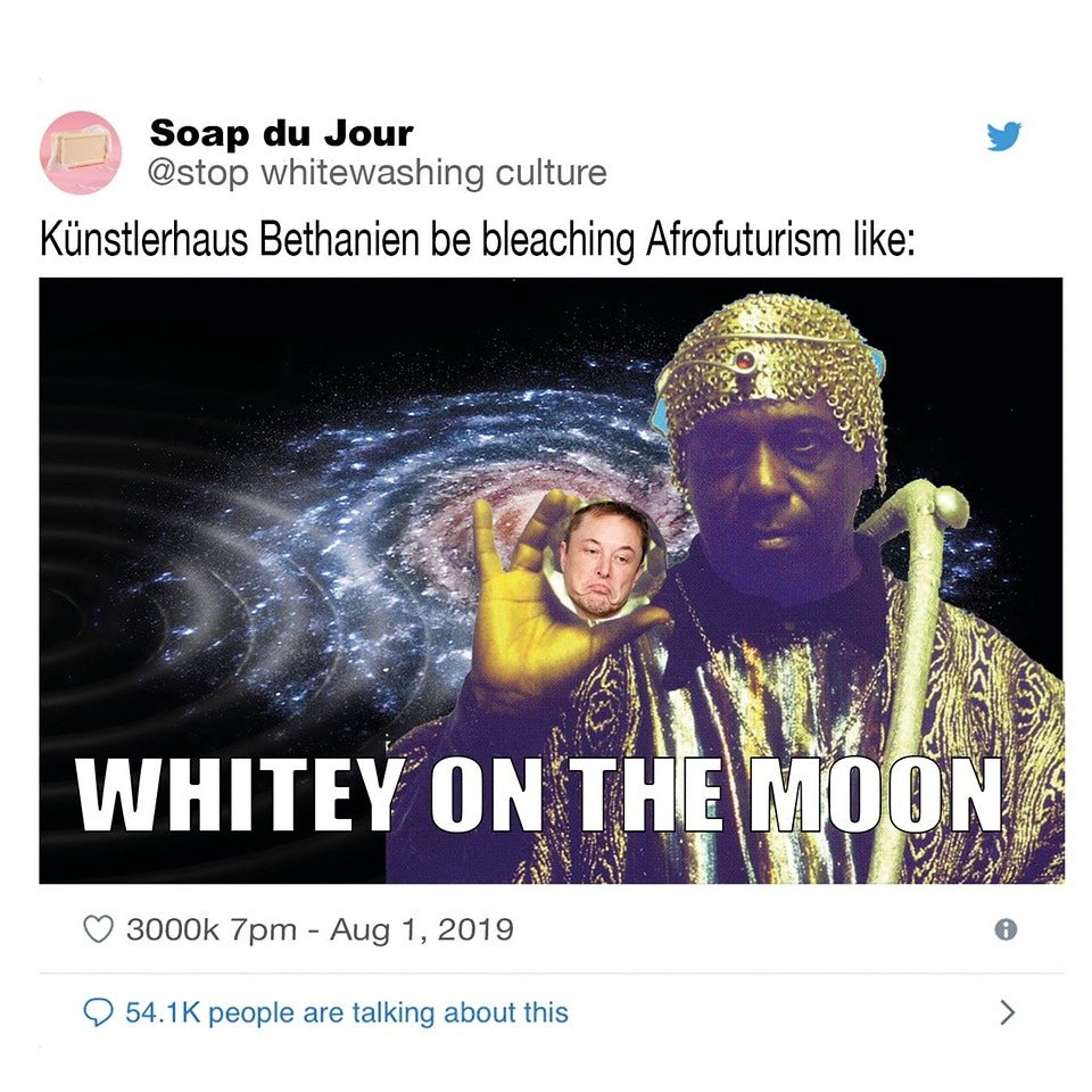 Soap du Jour's Twitter Post about a Afrofuturism exhibition which did not feature any African artists