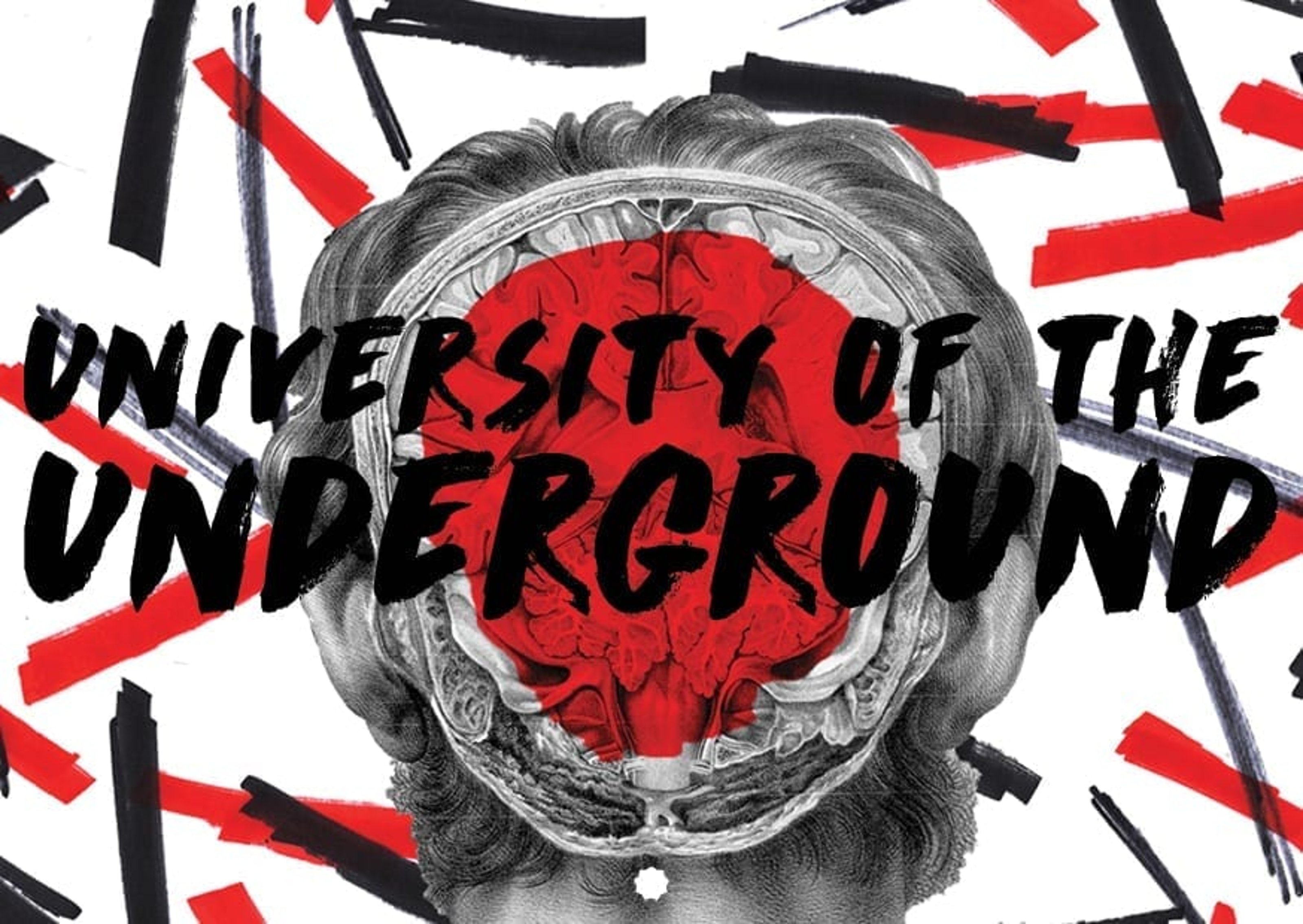 University of the Underground logo in front of an illustration showing the brain of a human inside his skull