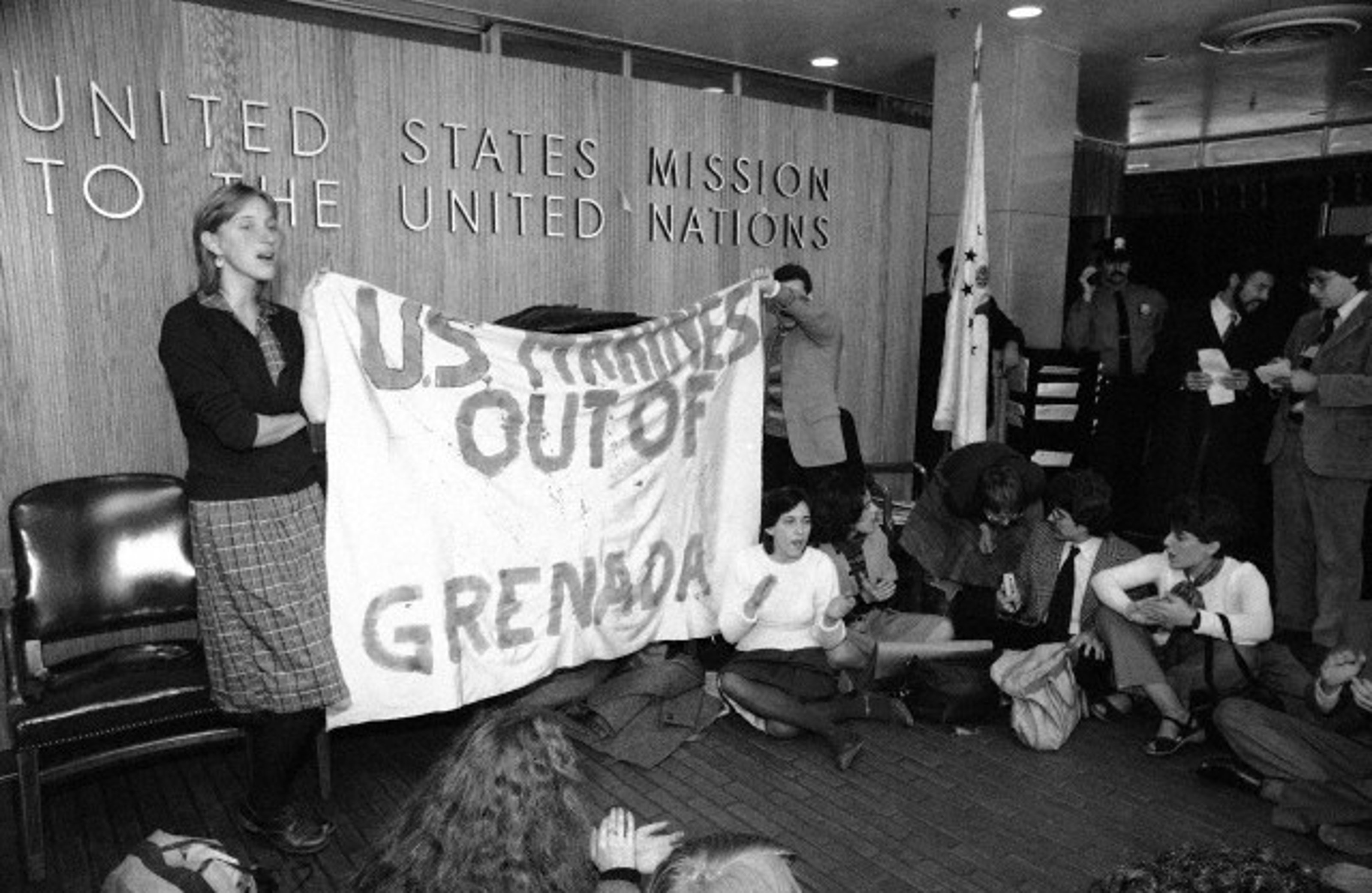 A group of 15 demonstrators staged a sit-in at the lobby of the United States Mission to the United Nations in New York on Thursday, Oct. 27, 1983, opposing the U.S. presence in Grenada.