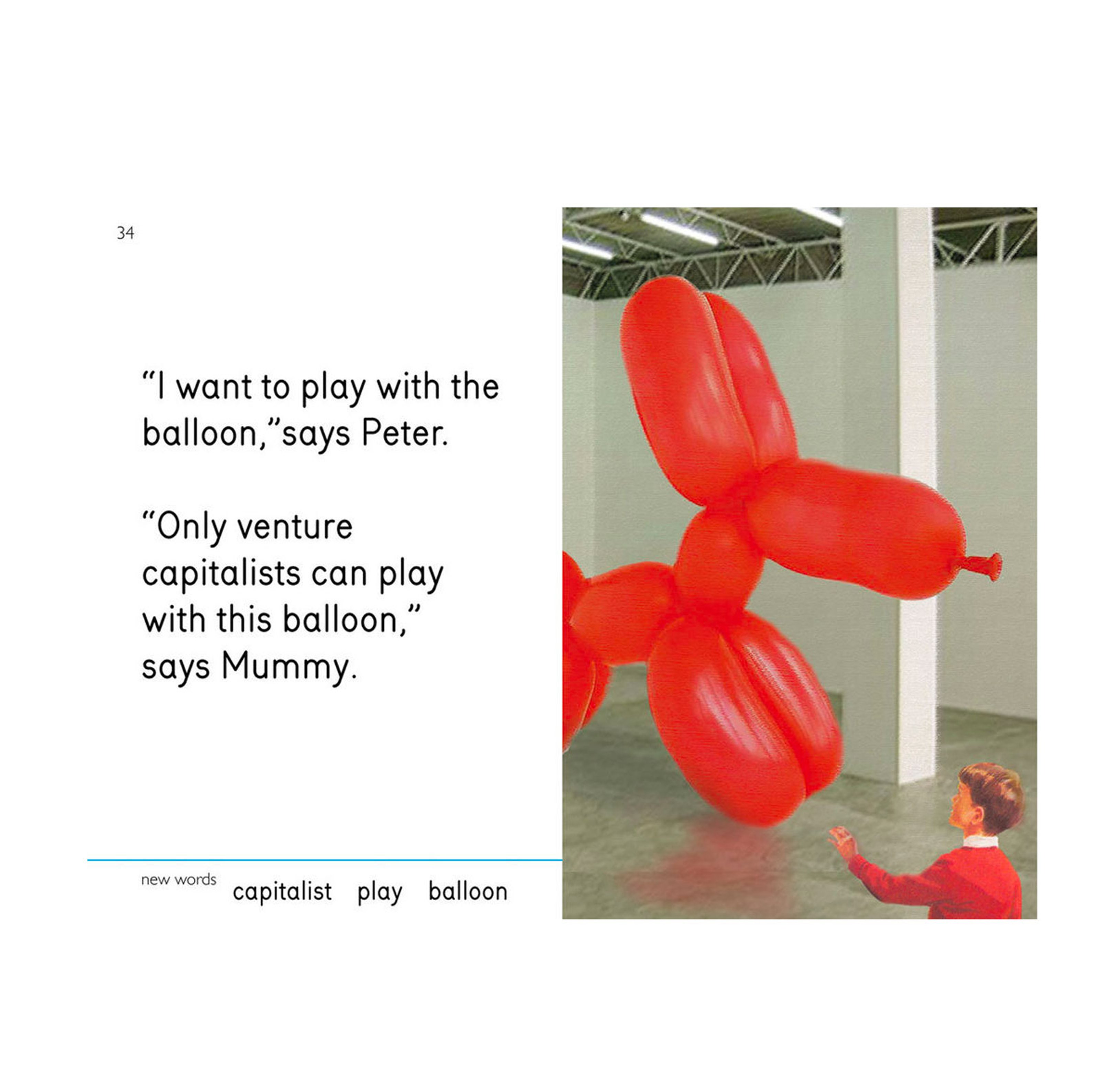 Boy points at Jeff Koons balloon dog sculpture. 