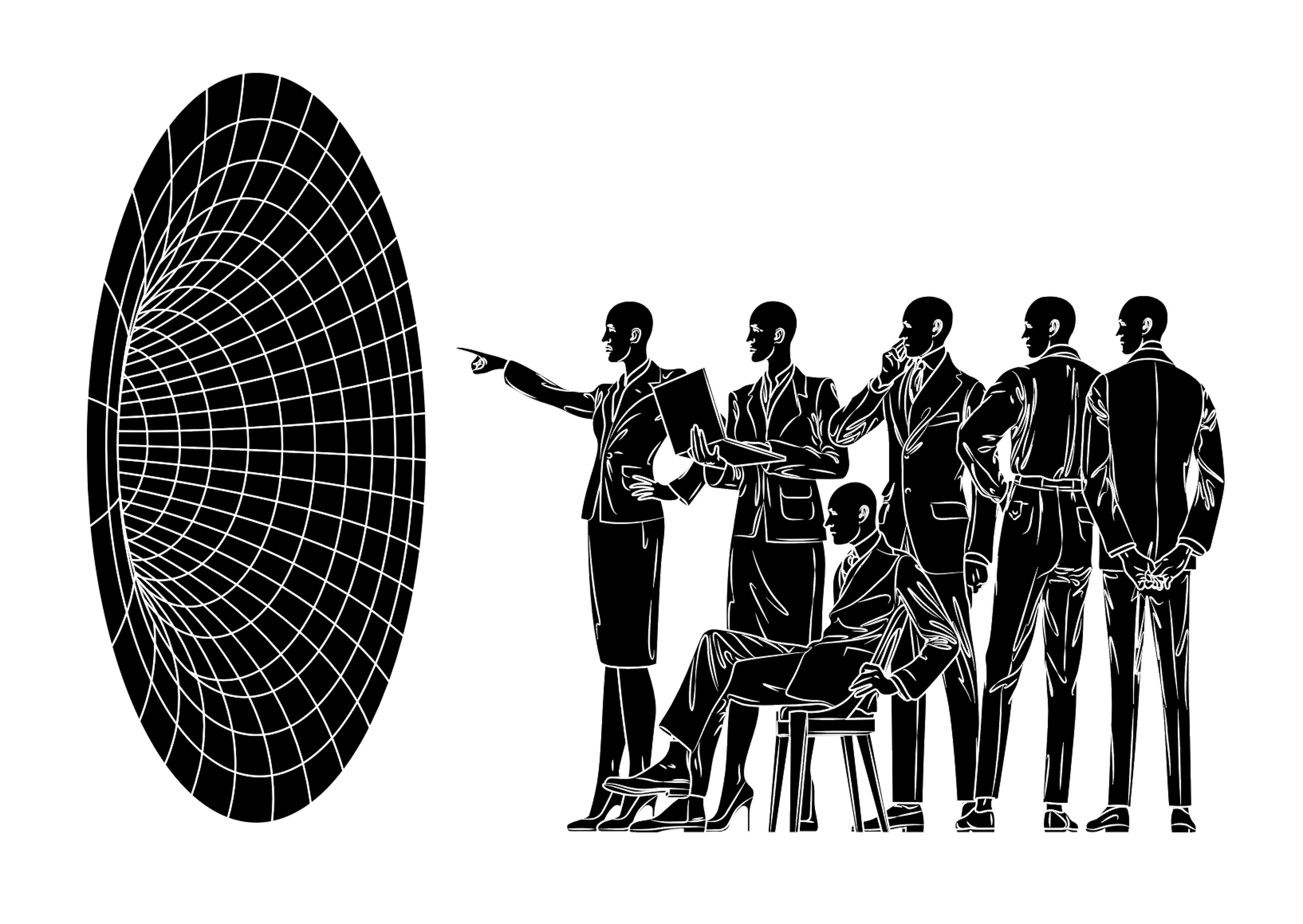 Illustration, a group of people looking into a vortex
