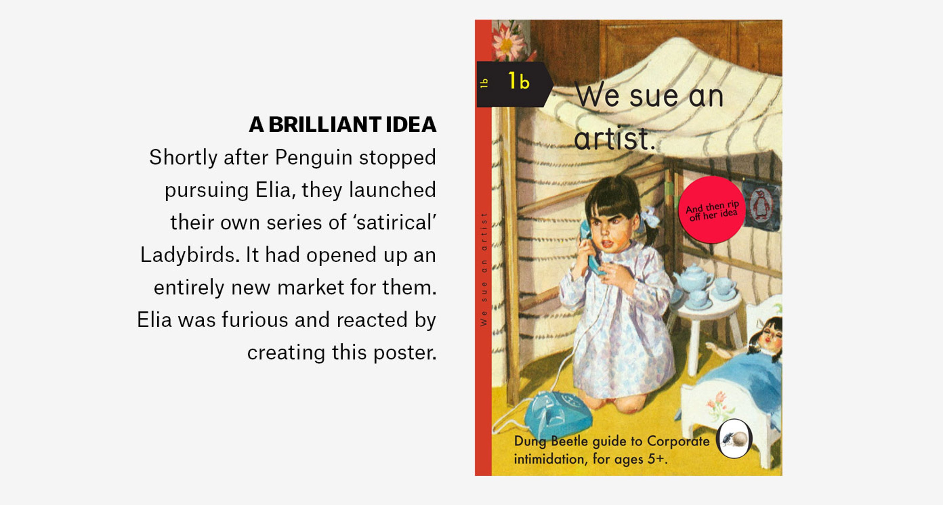 We Sue an Artist poster created by Miriam Elia in response to Penguin suing her and ripping off her idea