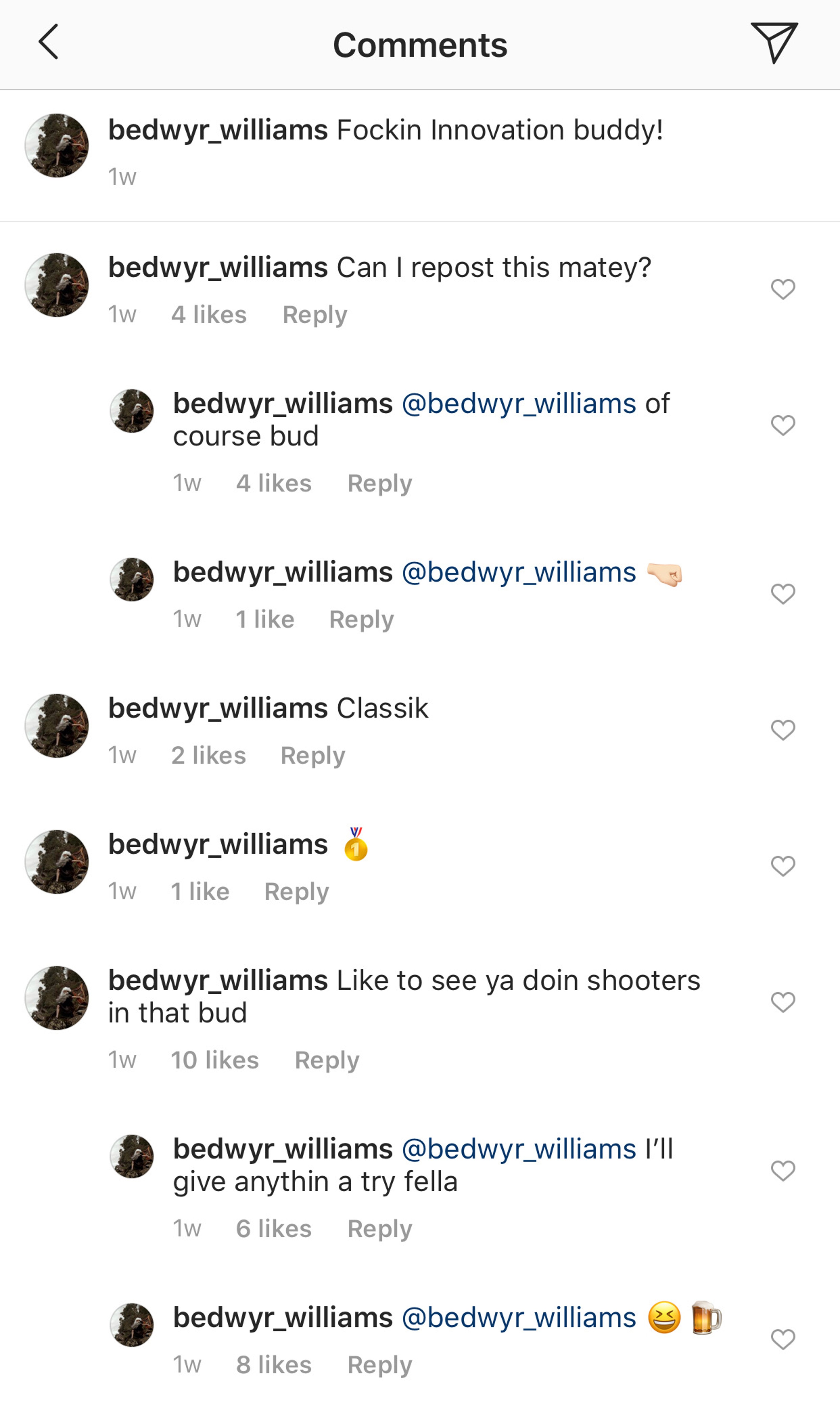 Comments on Bedwyr Williams' Instagram account