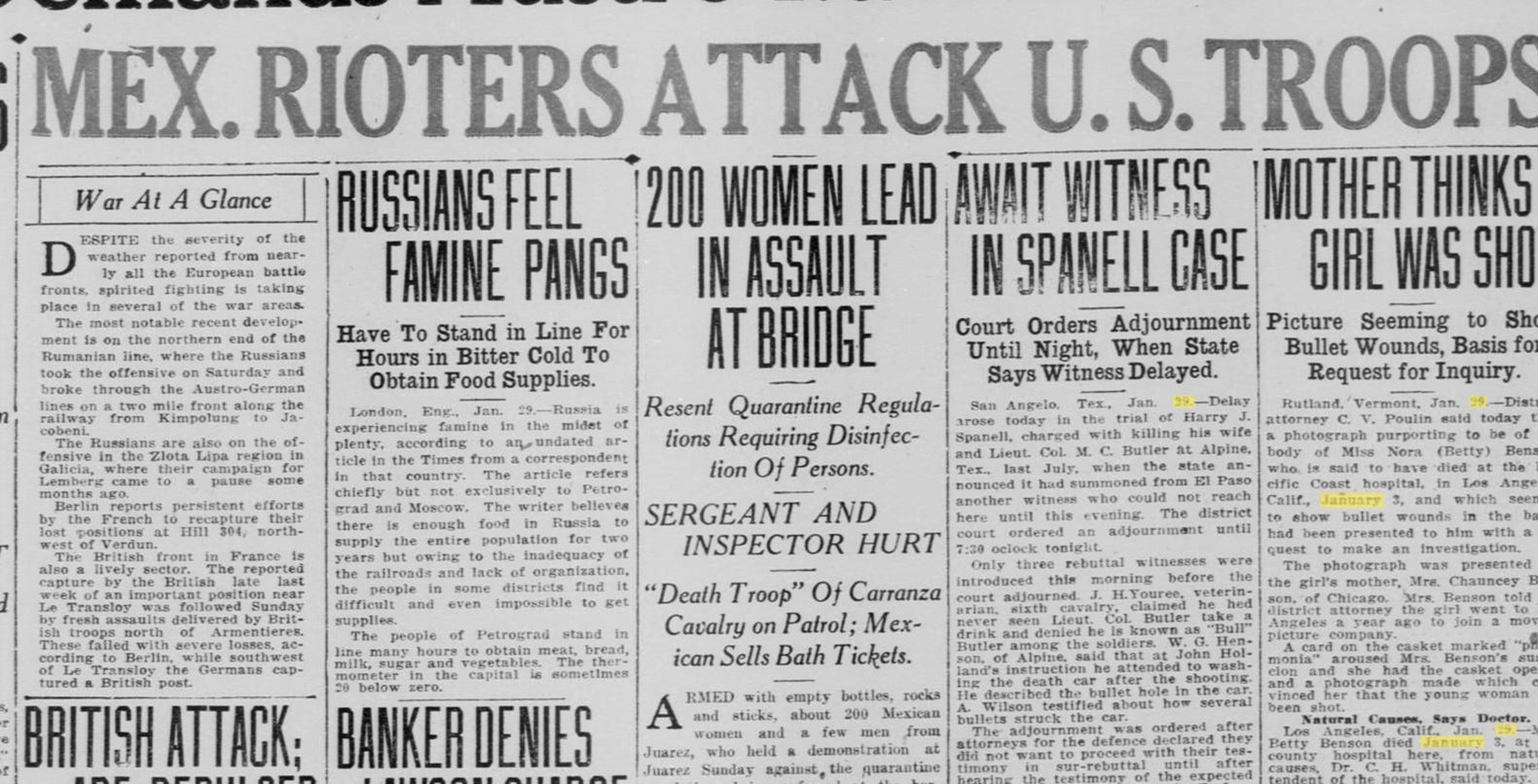 Newspaper article: Mex. Rioters attack U.S. Troops. 200 Women Lead in Assault at Bridge. Resent Quarantine Regulations Requiring Disinfection of Persons. Sergeant and Inspector Hurt. 