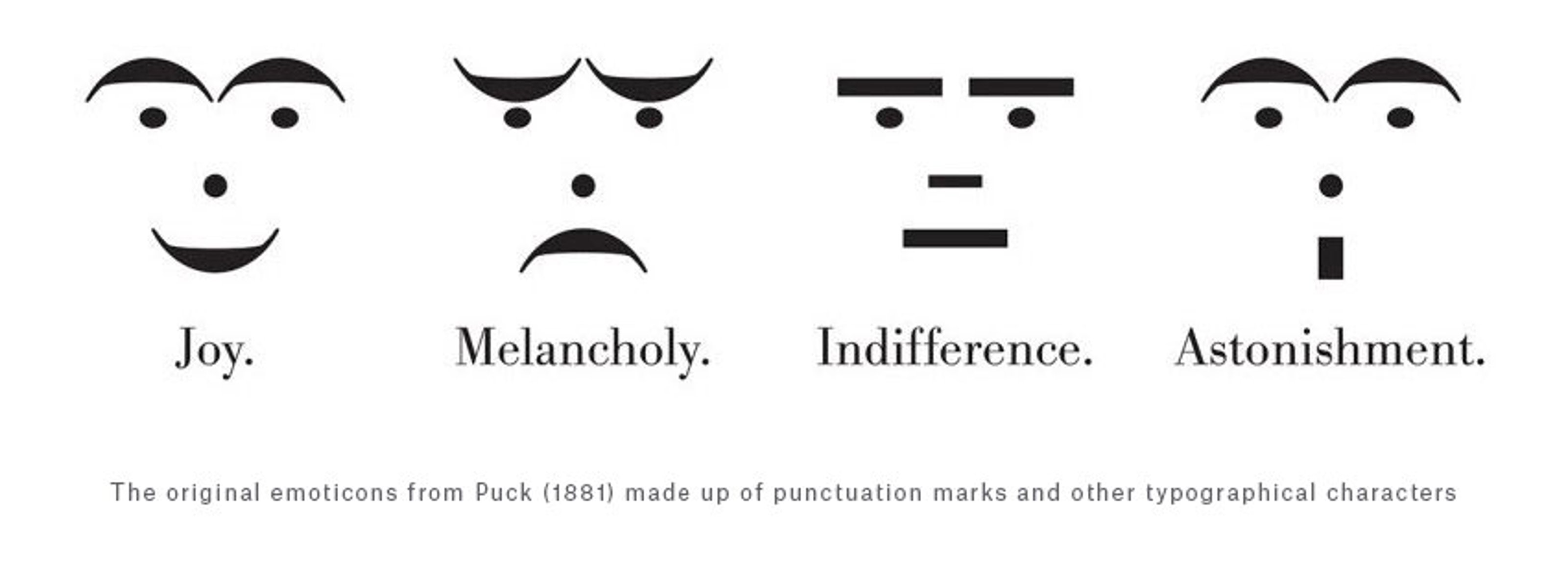 The original emoticons from Puck magazine's 1881 issue made up of punctuation marks and other typographical characters conveying joy, melancholy, indifference, and astonishment.