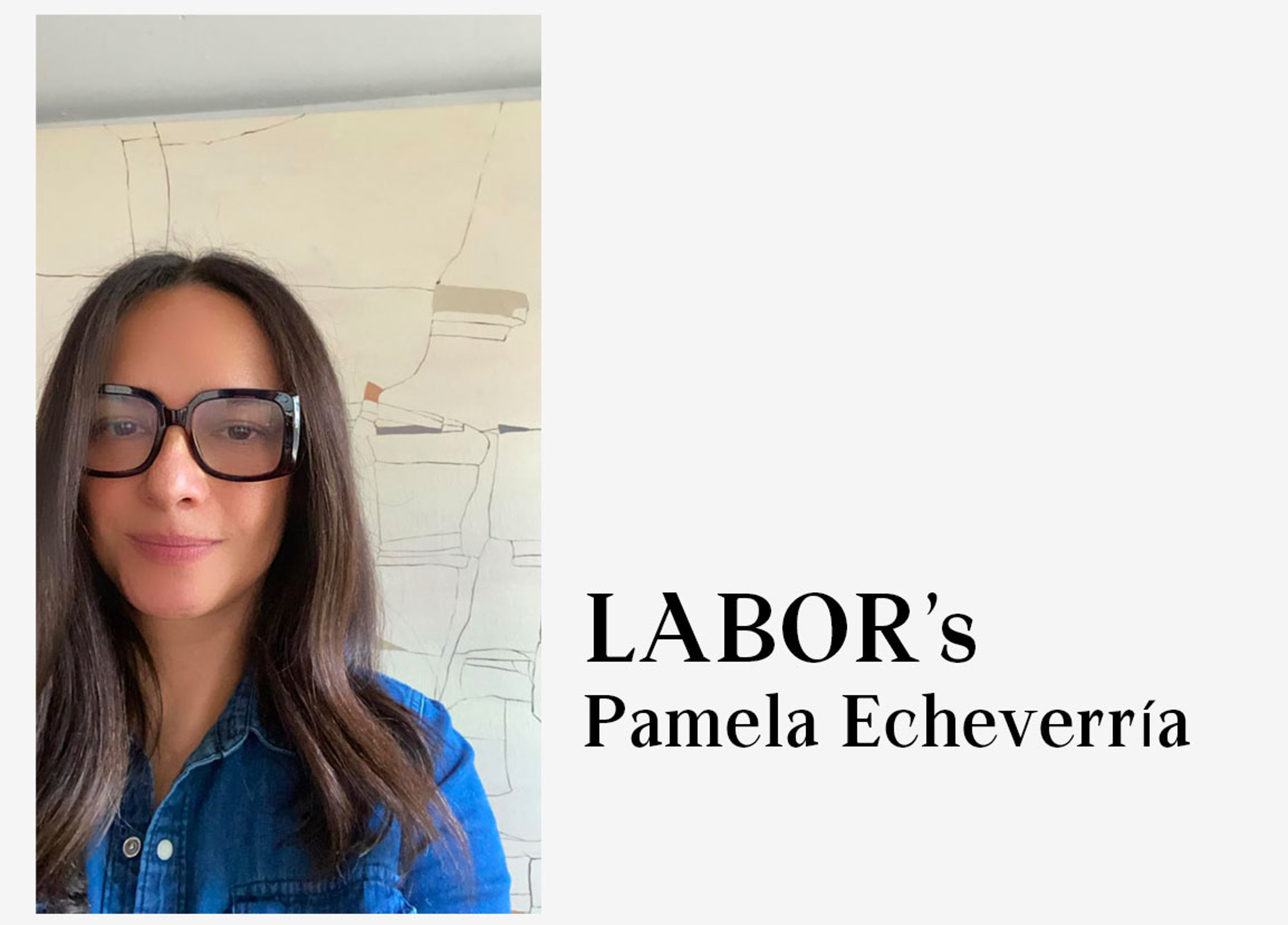 portrait of Pamela Echeverría from Labor Gallery in front of an artwork