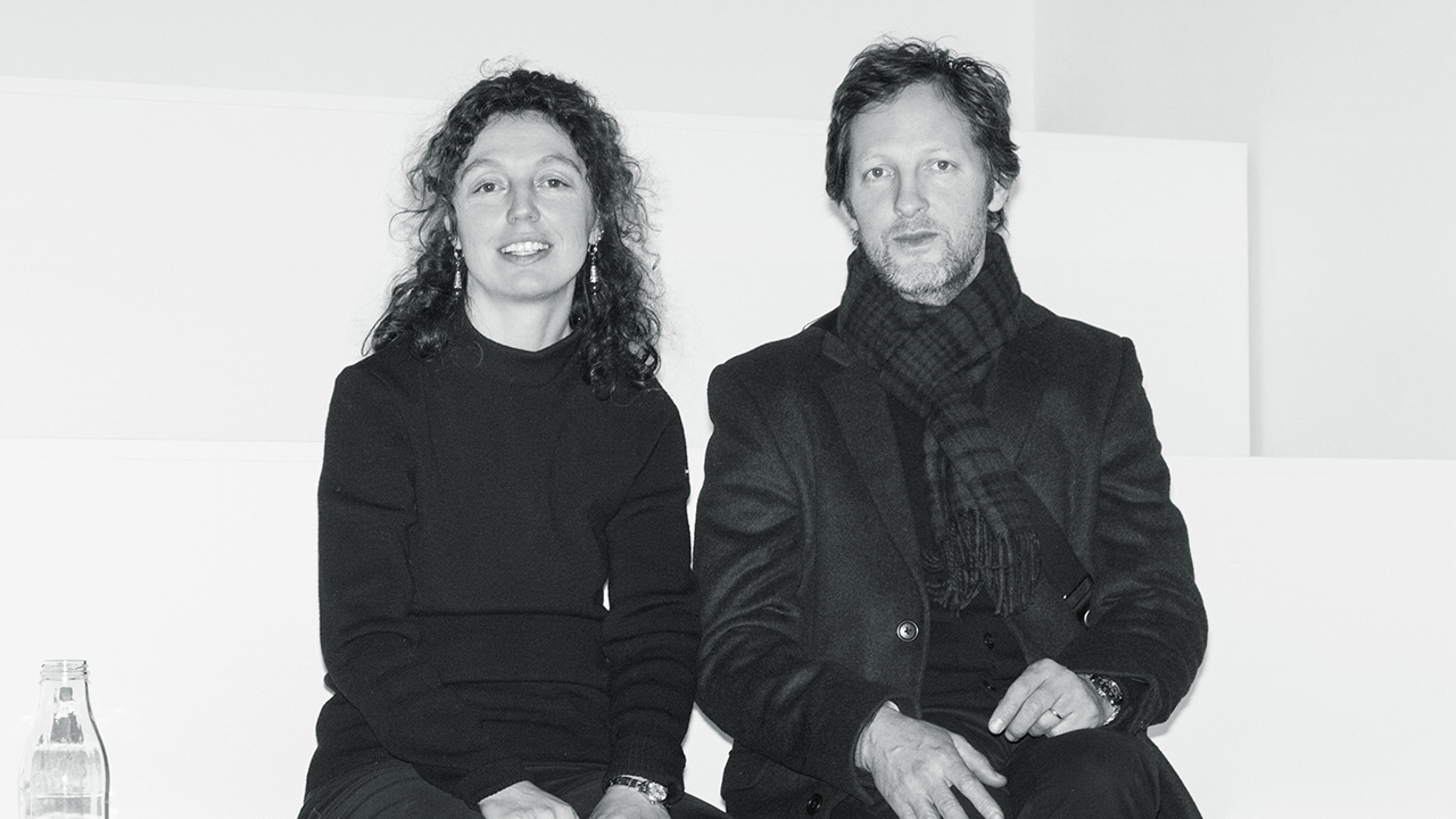 James Thornhill and Fulvia Carnevale, who make up the artist duo of Claire Fontaine, sitting