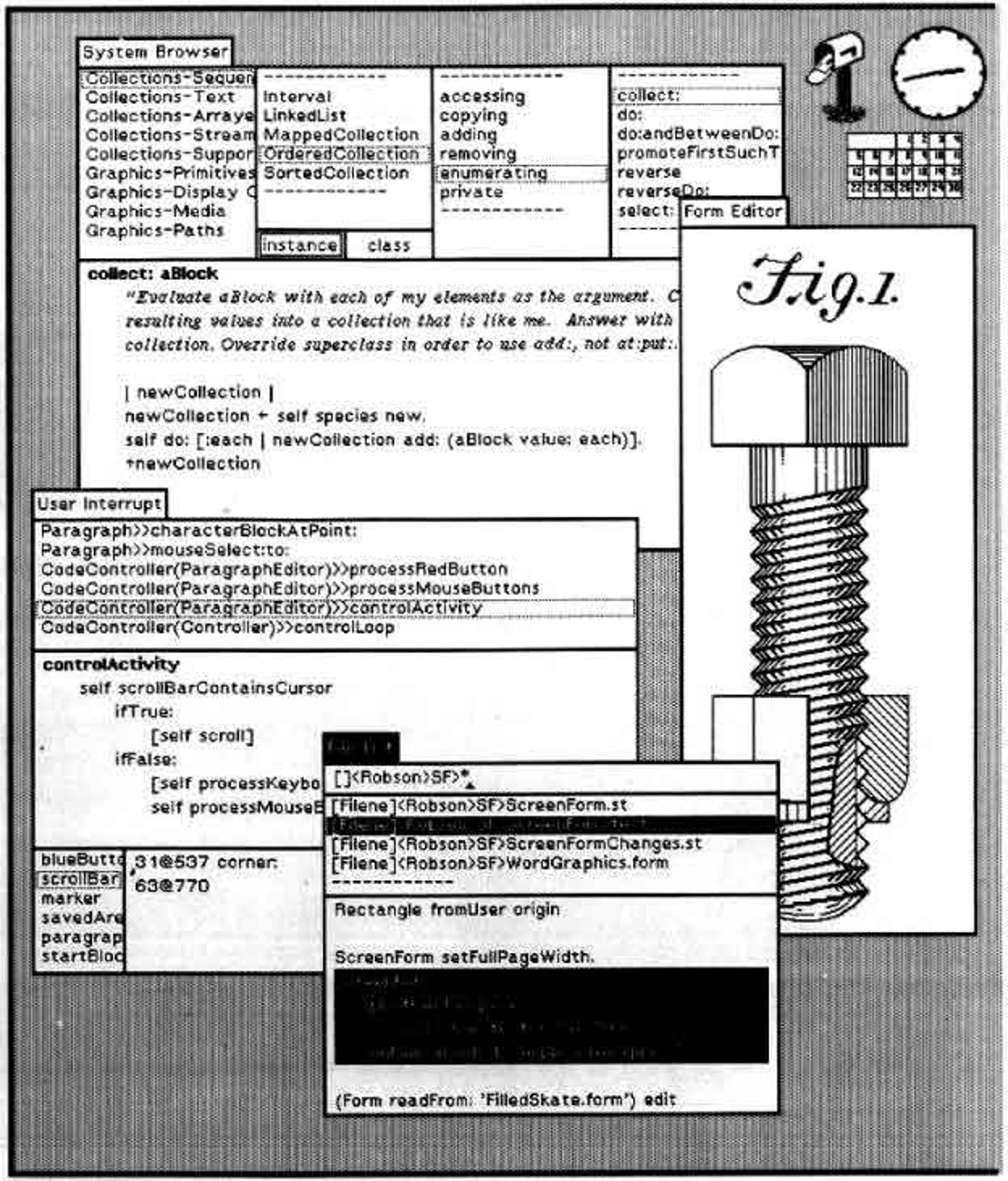 Screenshot of Xerox Alto interface, showing various windows, text and images. A figure of a screwdriver is shown in bitmaps.