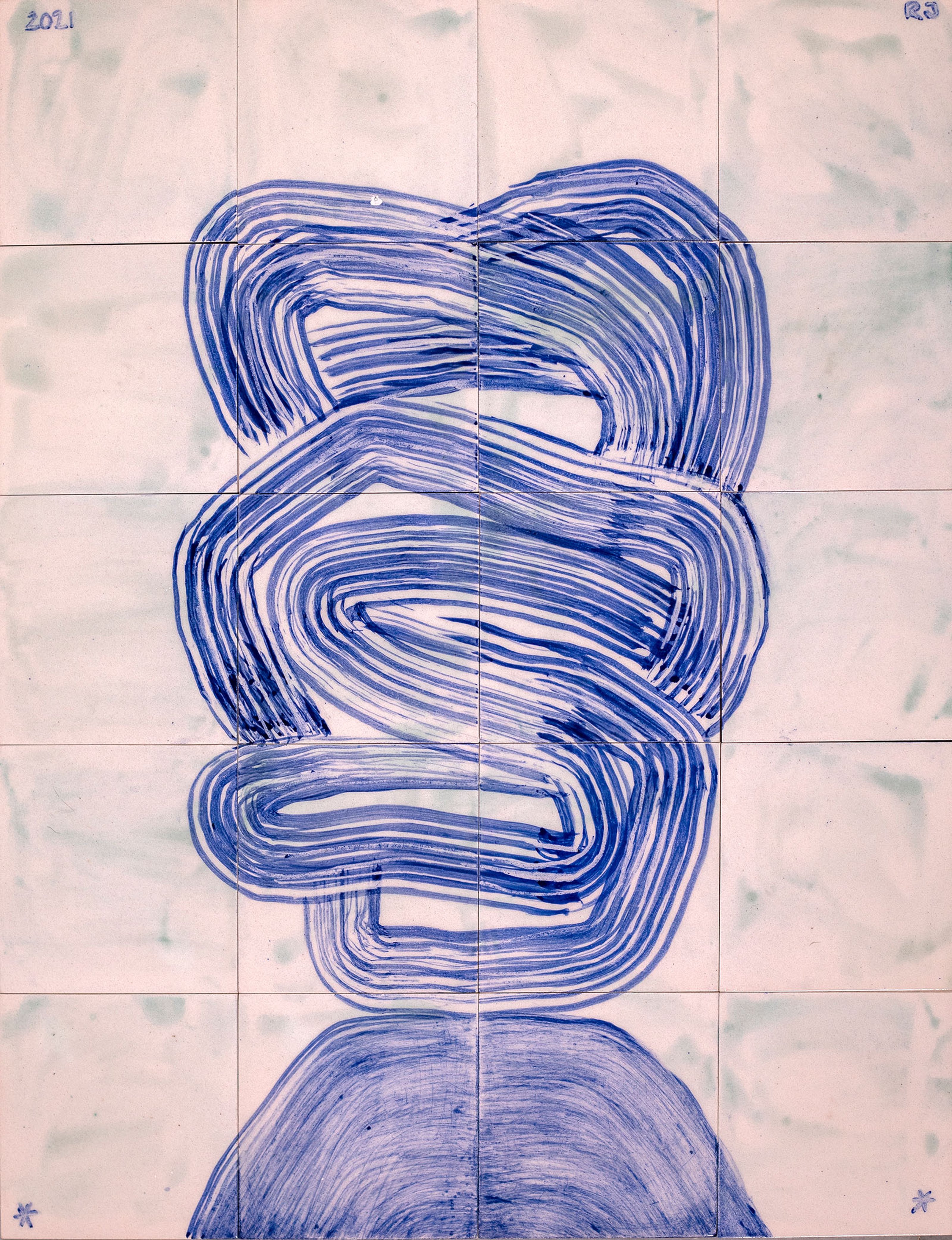 Glaze on ceramic tiles, abstract figure by Robert Janitz