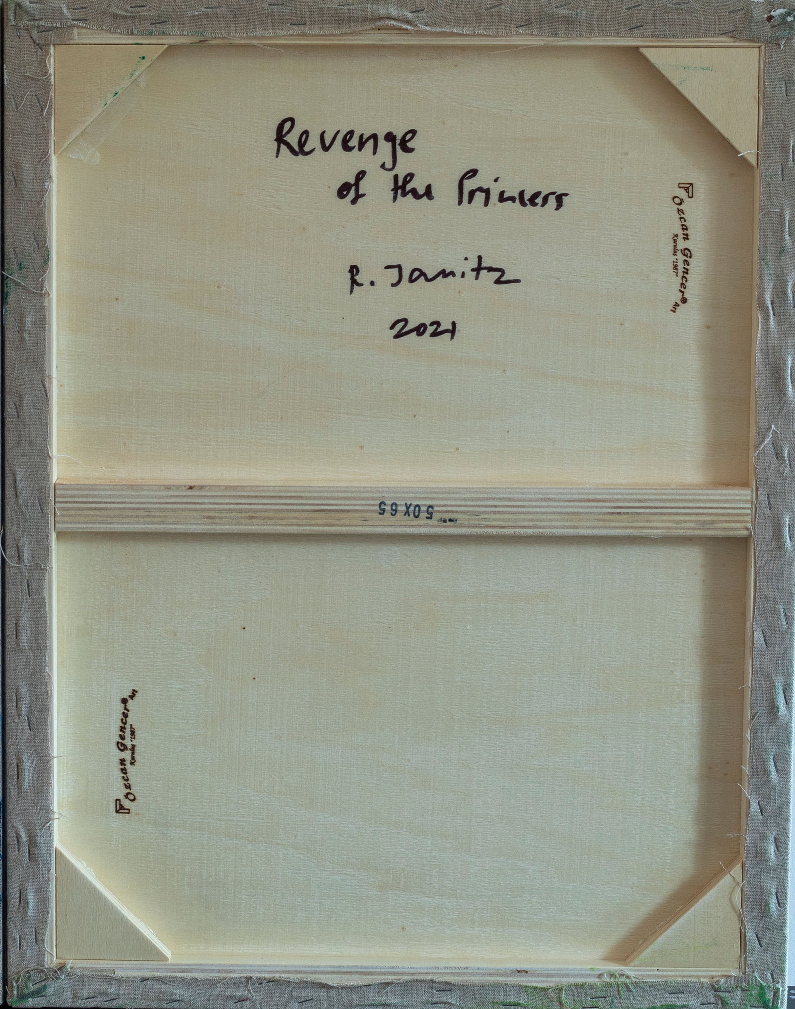Backside of the painting by Robert Janitz.There is the title of the painting, Janitz's signature and date on bare canvas.