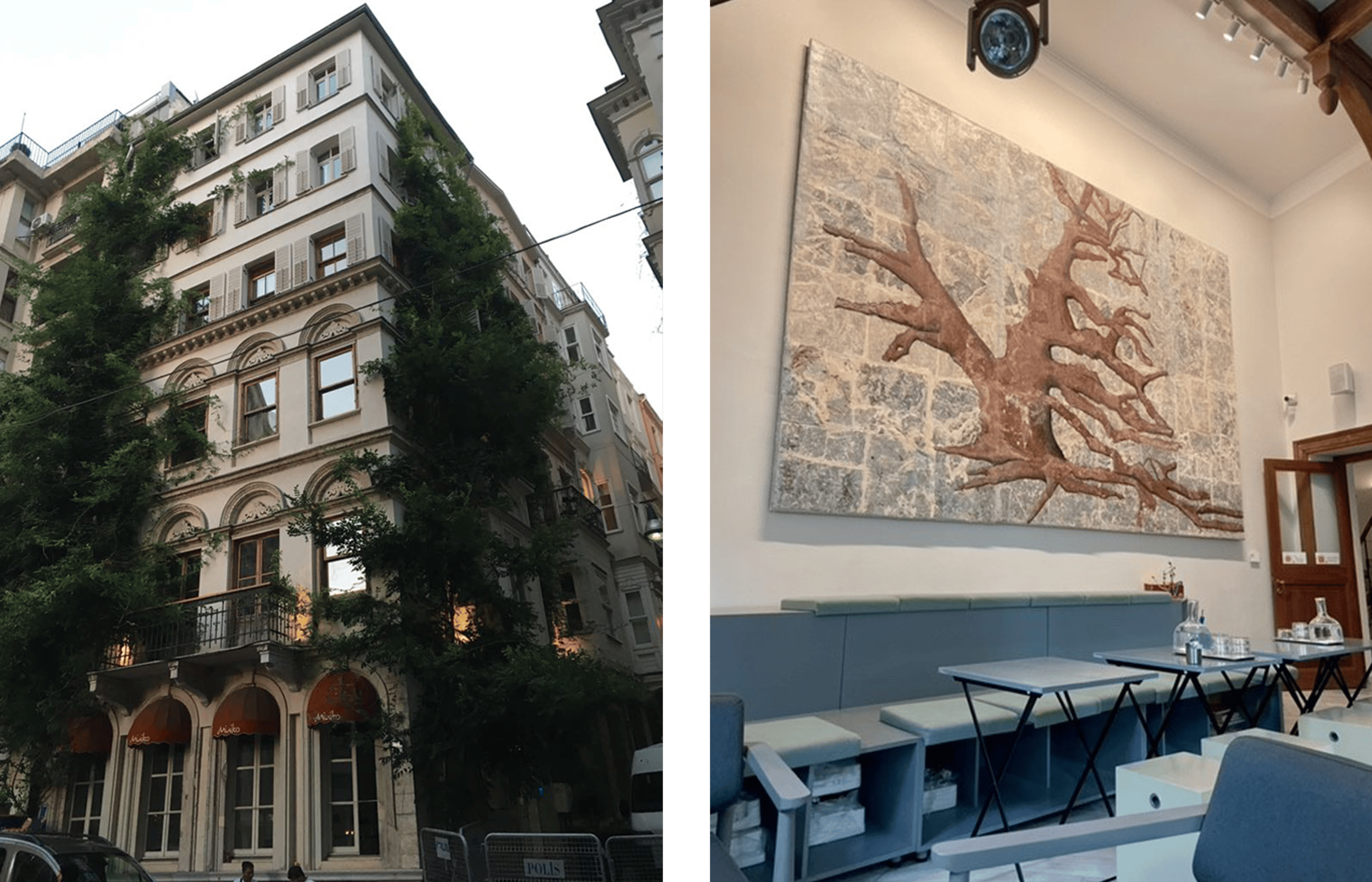 Left image: Facade of Kiraathane Literature House. Beige colored old building covered with ivy. Right image: Interior of Postane. A room with simple gray tables and chairs. A picture of a large tree trunk hangs on the wall.
