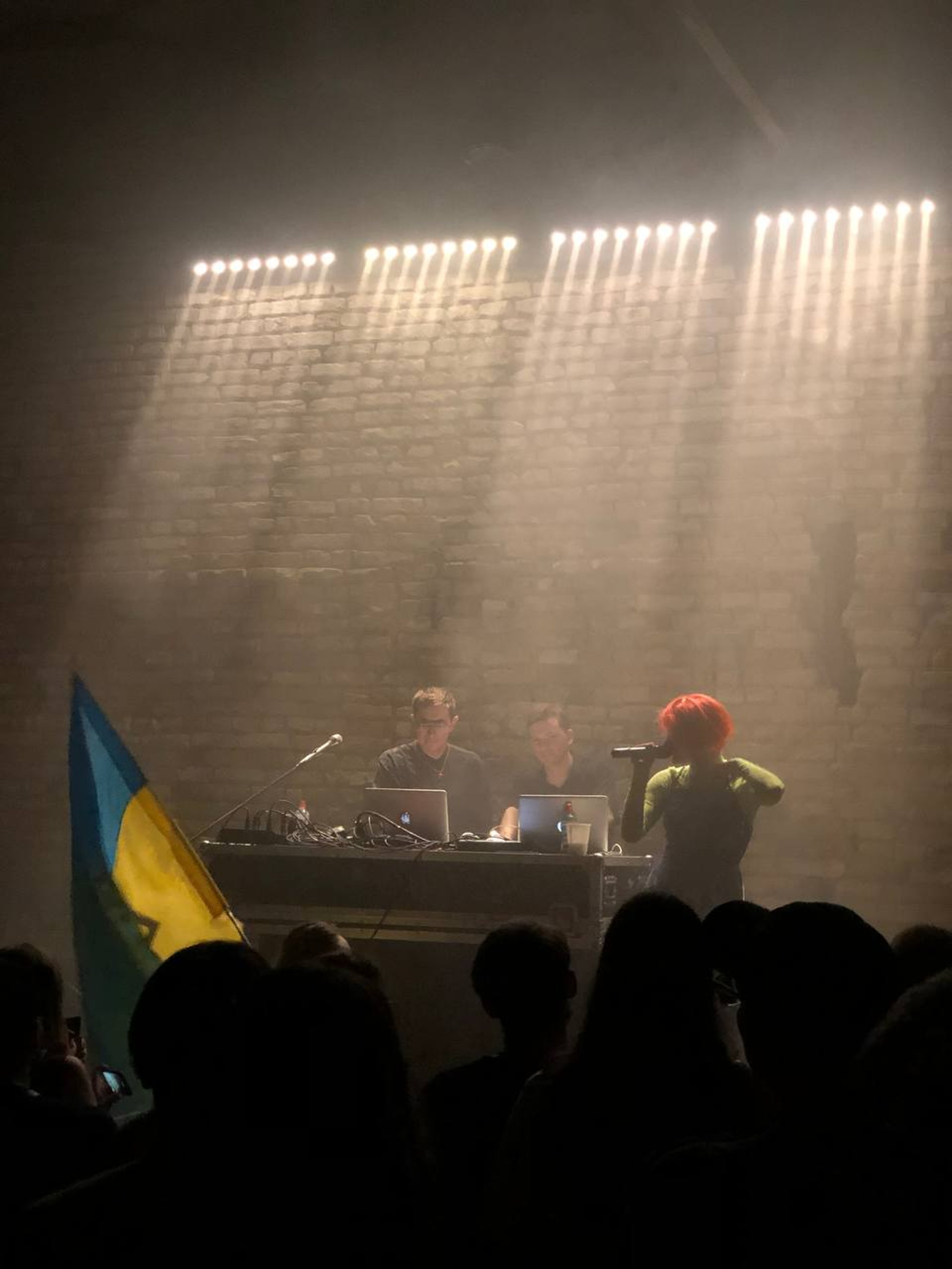 Photo from live performance of Otel by Pavlo Derhachov. On a yellow-lit stage, a woman with short red hair stands with a microphone in her hand. One of the spectators raised the Ukrainian flag.
