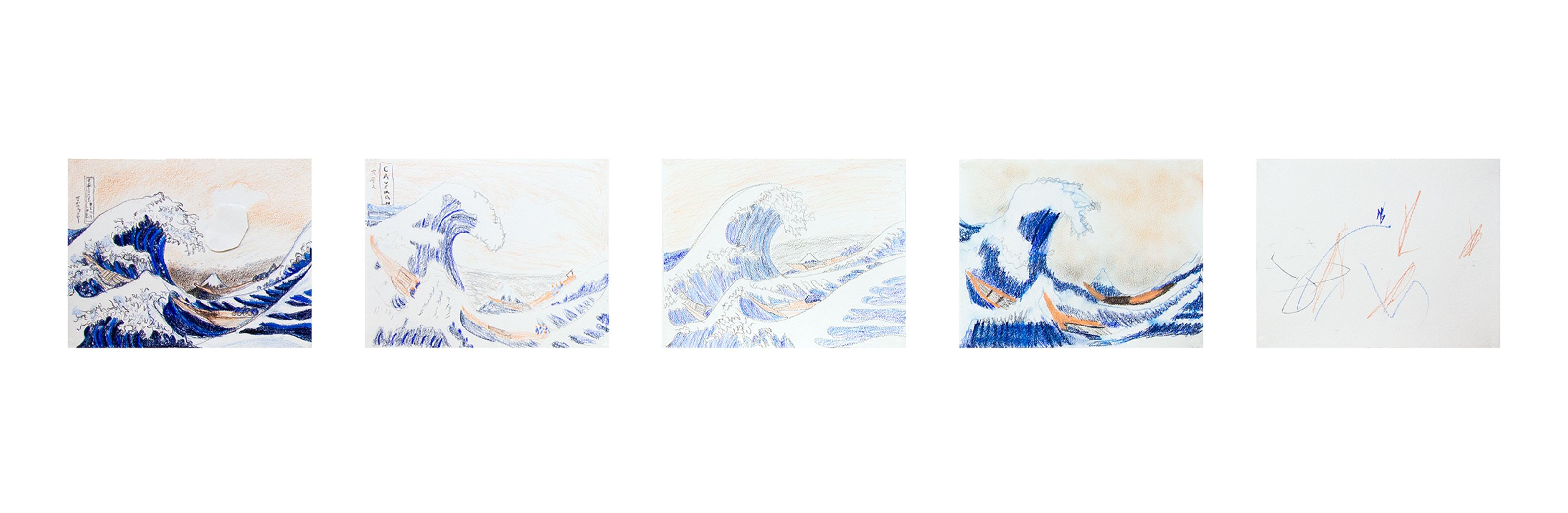 Five drawings of Hokusai's The Great Wave off Kanagawa, depicting a large wave