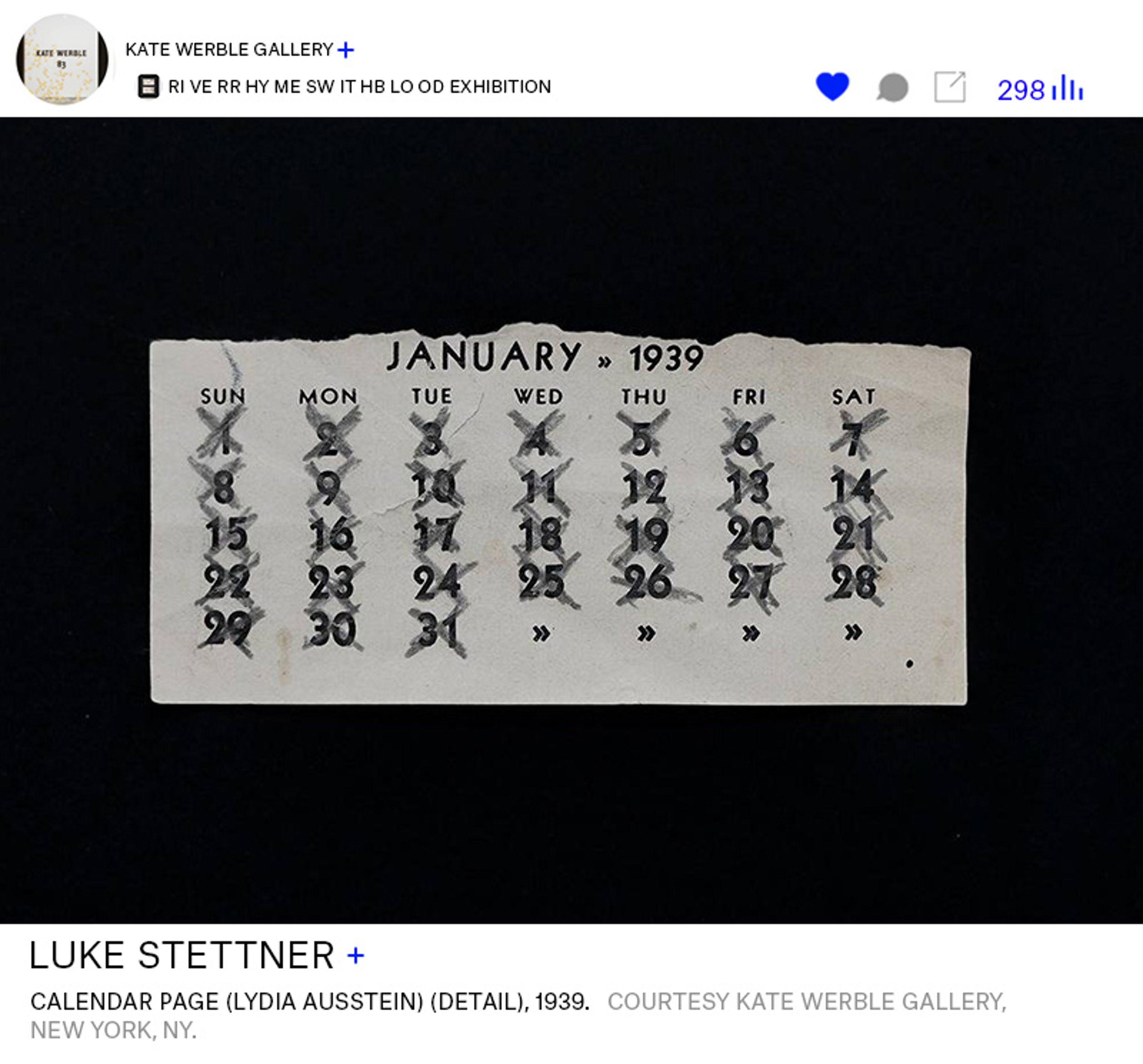 Luke Stettner's artwork, Calendar Page (Lydia Ausstein), 1939, from Kate Werble Gallery's exhibition RI VE RR HY ME SW IT HB LO OD, on Collecteurs
