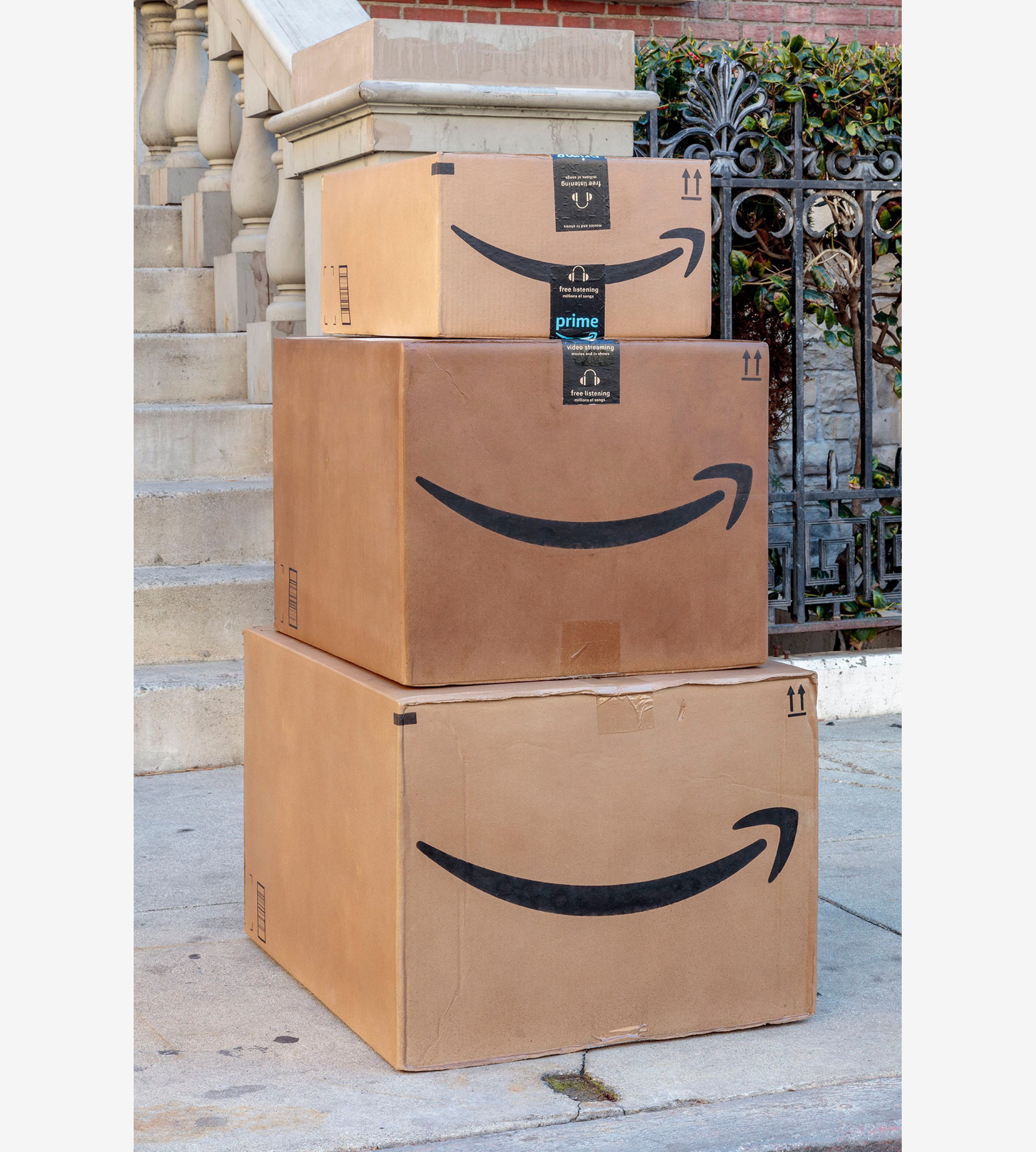 Amazon boxes standing on top of each other