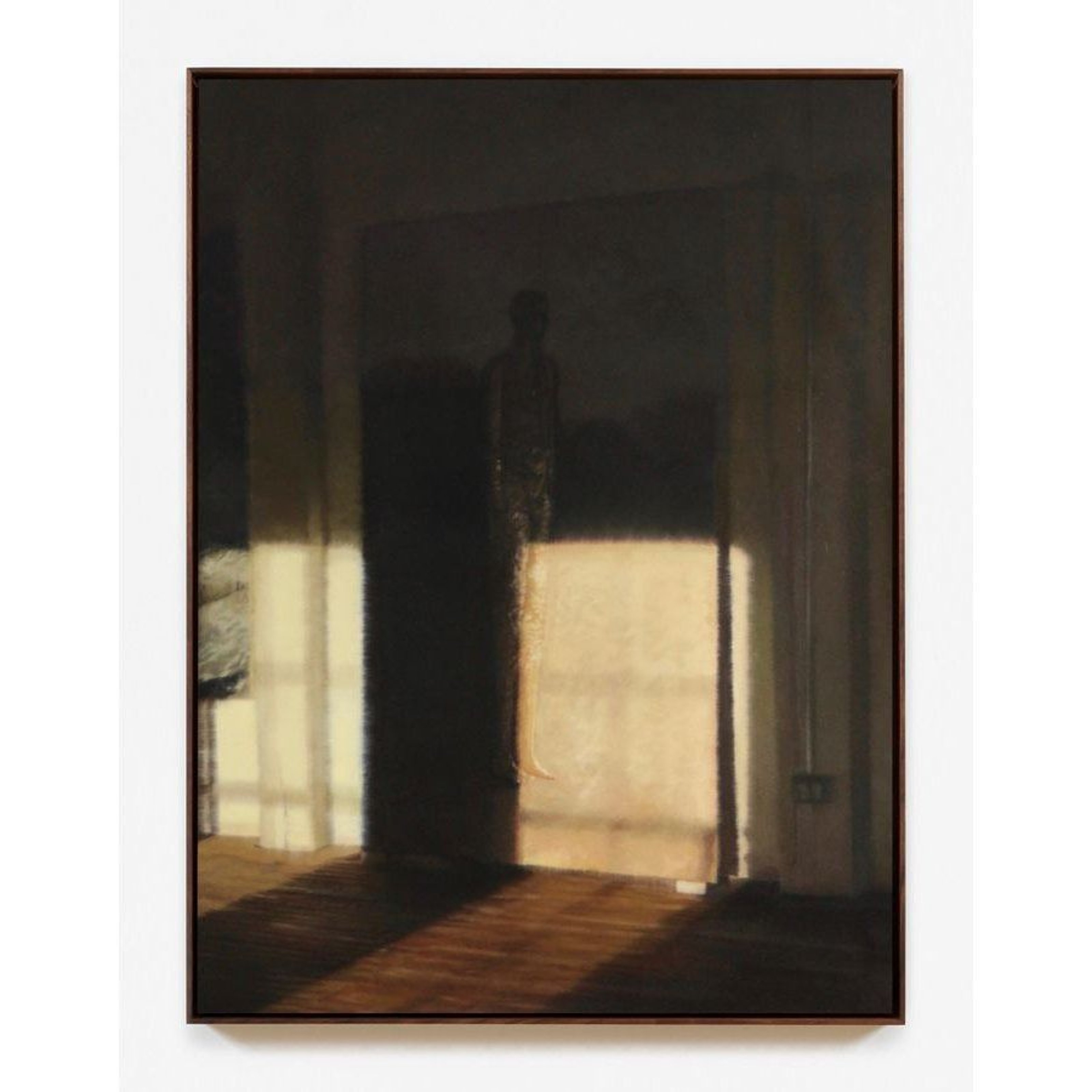 Painting, sun halfway shining on a wall and doorway. there is a faded figure of a person in the background