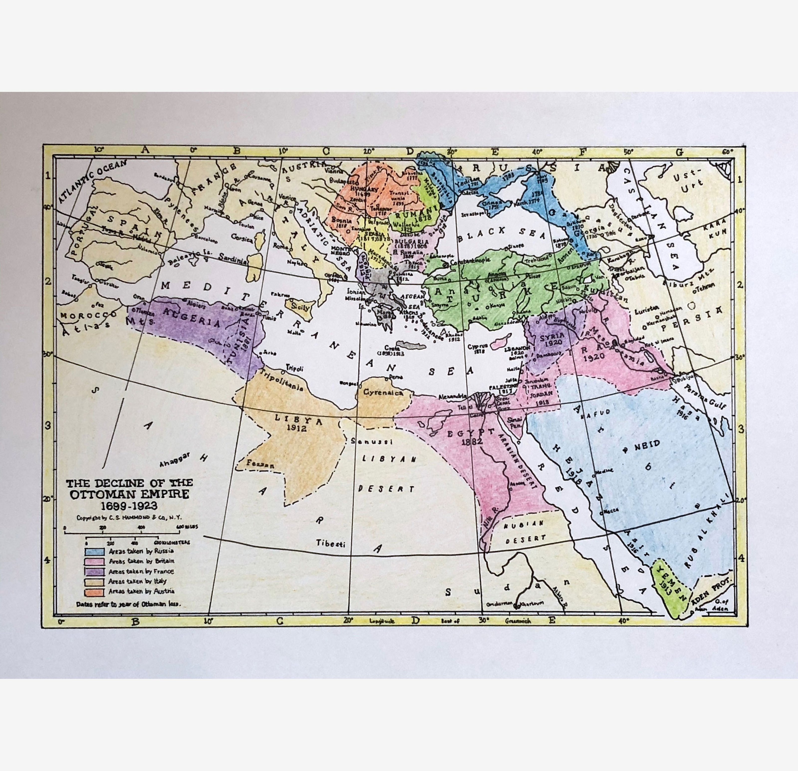 Map showing the disintegration of the Ottoman Empire, according to when each area was taken by other countries.