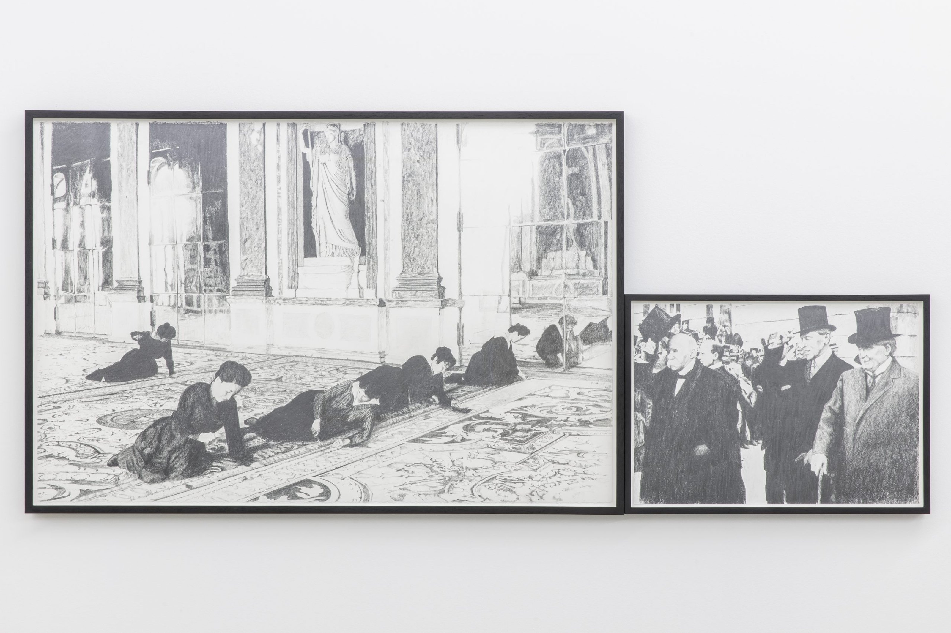 Two charcoal drawings. The first shows women on the floor in Versailles, preparing the treaty. The second is a photograph of Prime Minister of France Georges Clemenceau, US President Woodrow Wilson, Prime Minister of Great Britain David Lloyd George exiting the palace and greeting the people