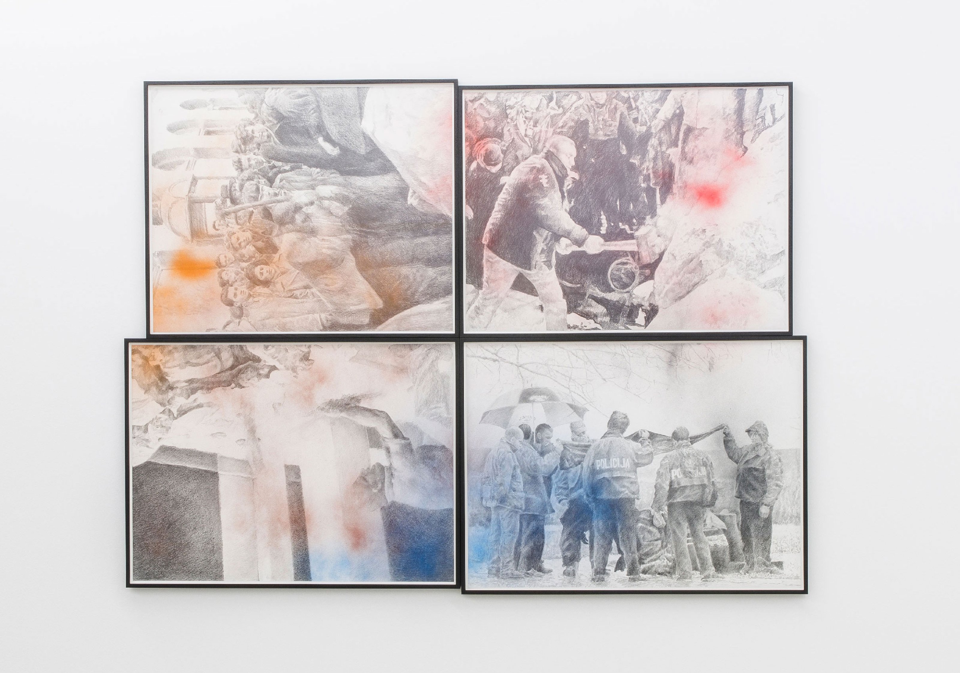 Four pencil drawn and colored images of unrest, with police in attendance