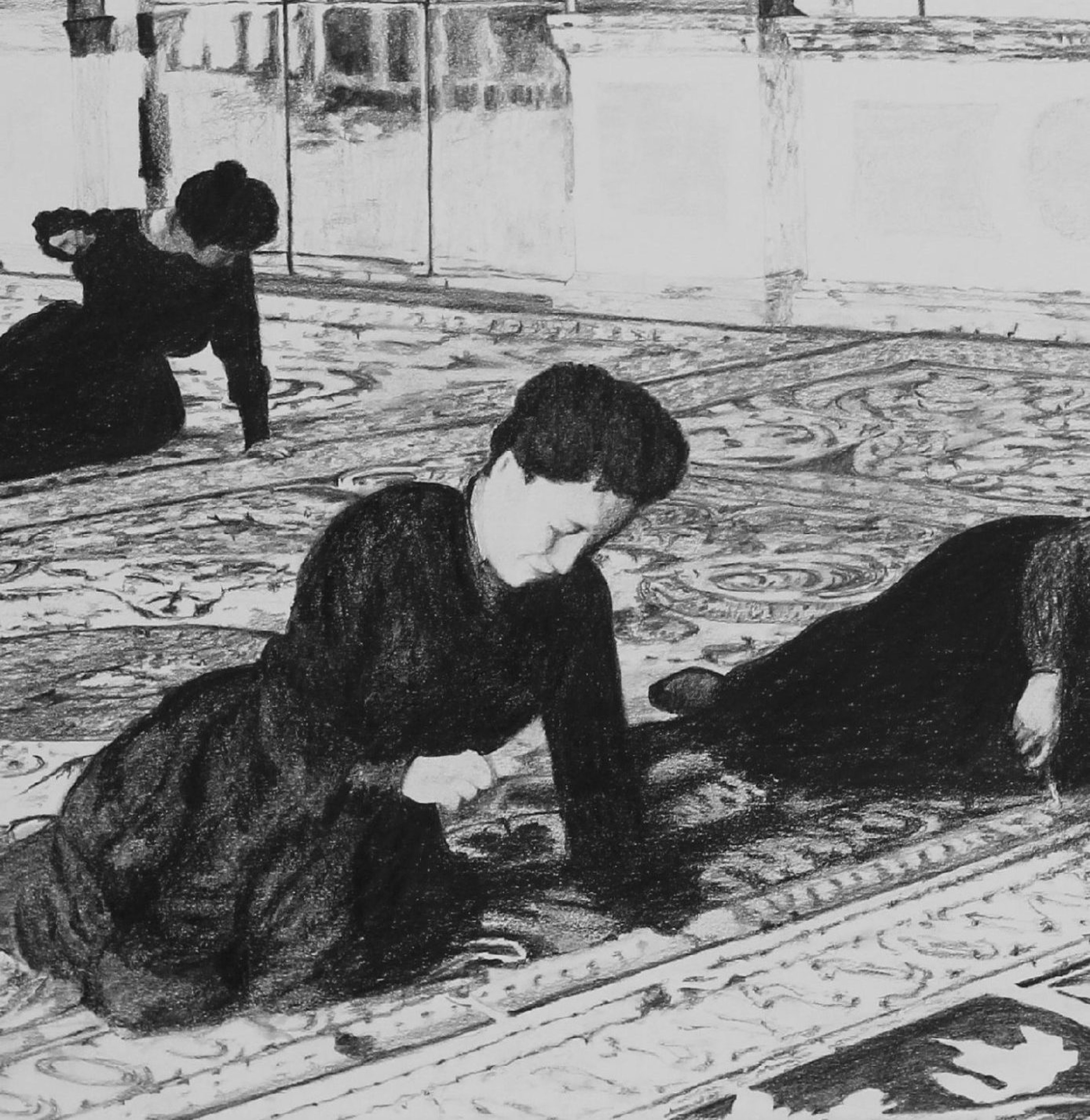 Detail from drawing, women on the carpet in Versailles, preparing the Treaty of 1919