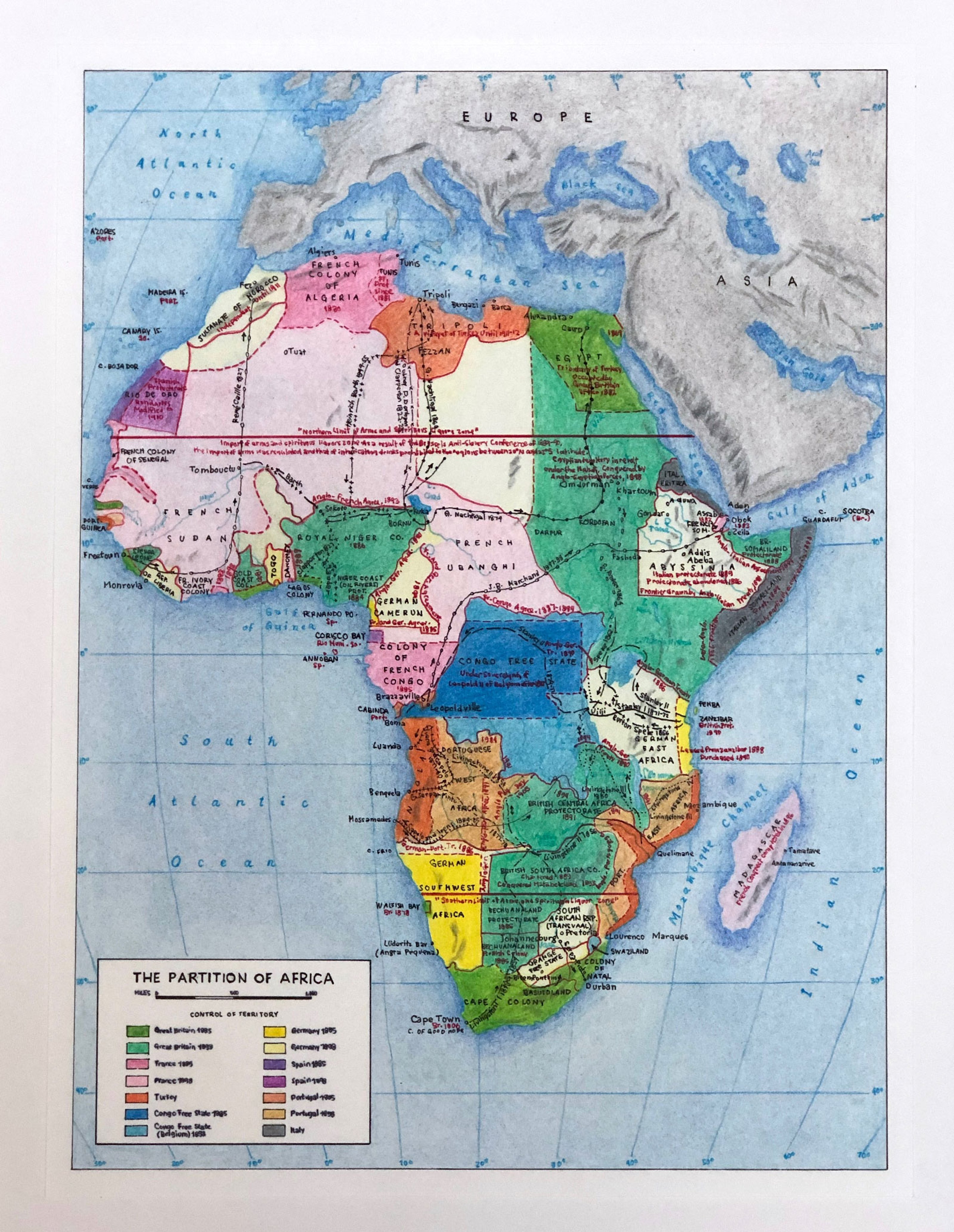 Map showing the colonial history of Africa, marking regions according to dates invaded