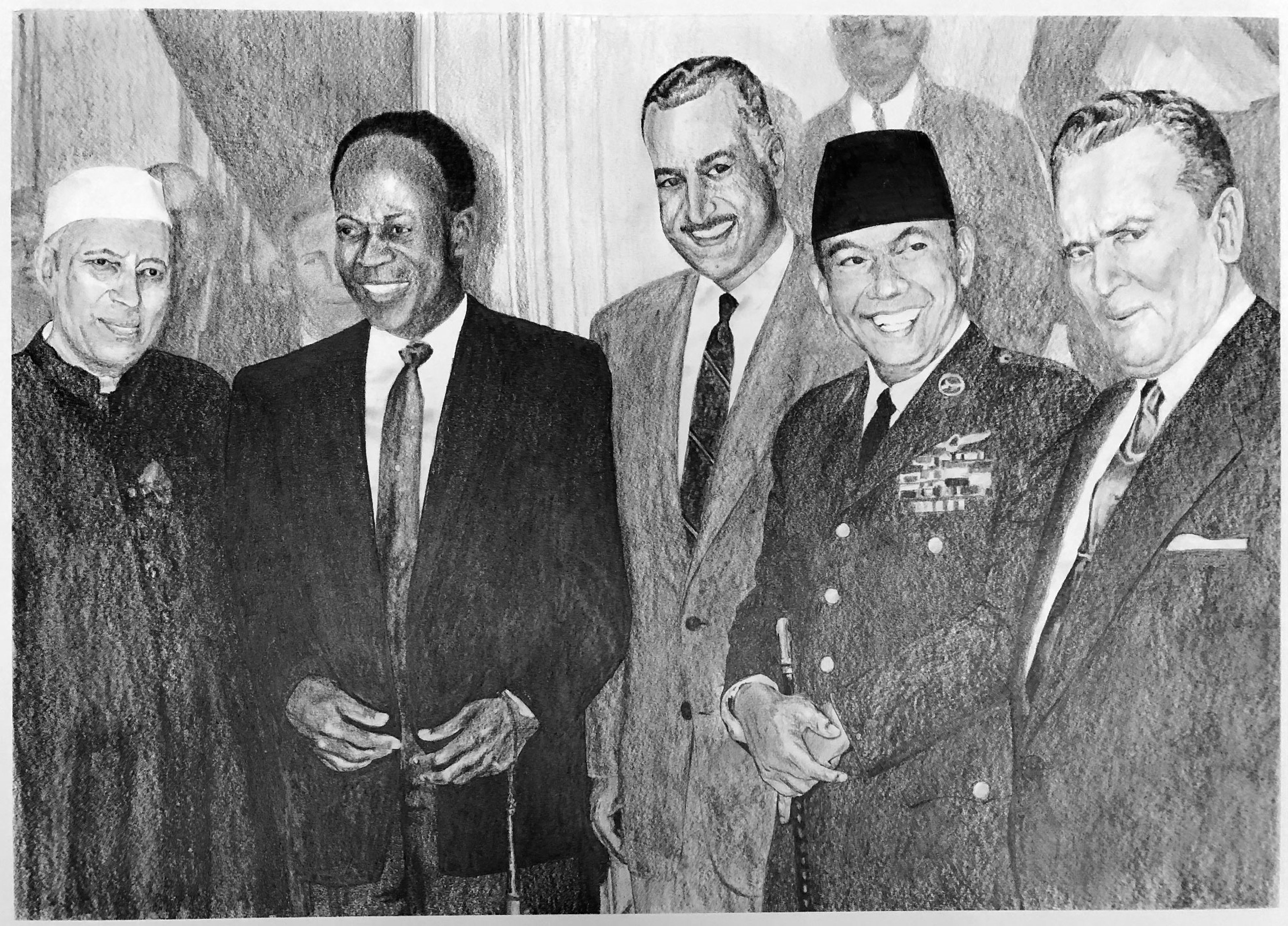 Drawing of a photograph from the Non-Aligned Meeting in Belgrade, 1961. Shown smiling in the picture are Indian Prime Minister Jawahar Lal Nehru, Prime Minister of Ghana Kwame Nkrumah, President of Egypt Gamal Abdel Nasser, Indonesia's President Ahmed Sukarno and Yugoslavia's President Josip Broz Tito