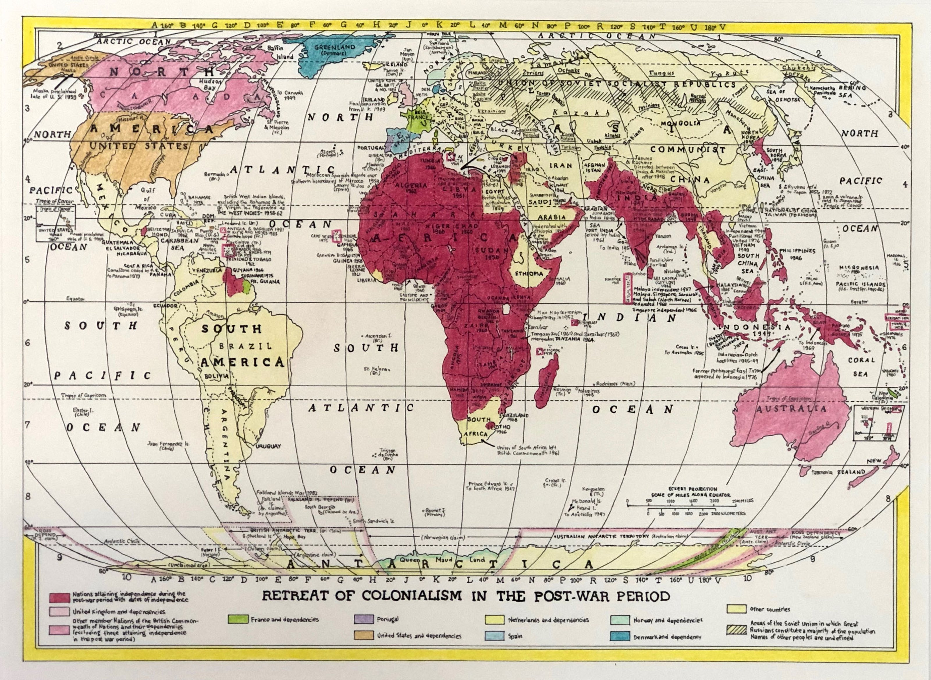 Hand-drawn world map showing nations gaining independence from colonial rule