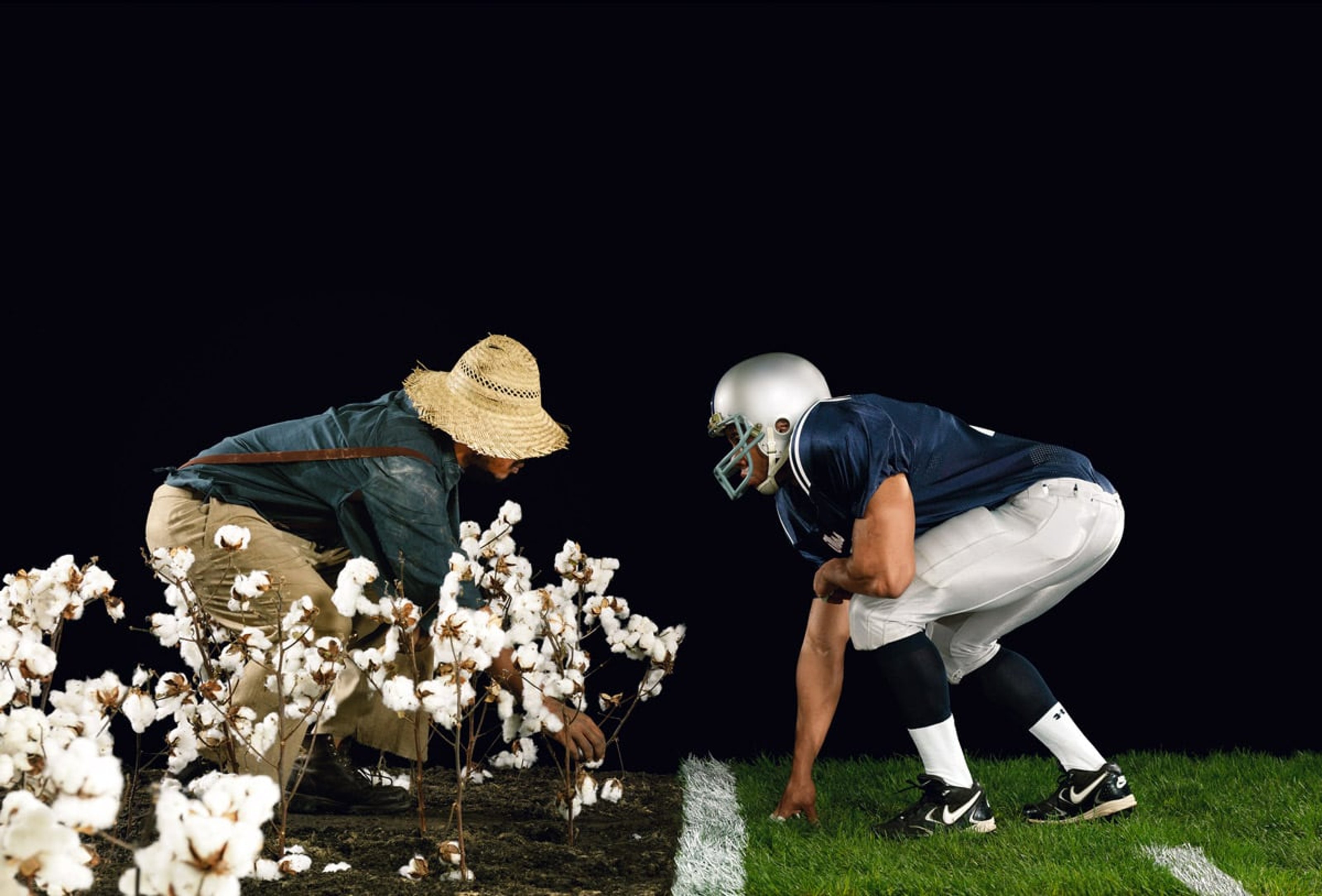 A cotton picker on the left and a football player on the right confronting each other in symmetric poses