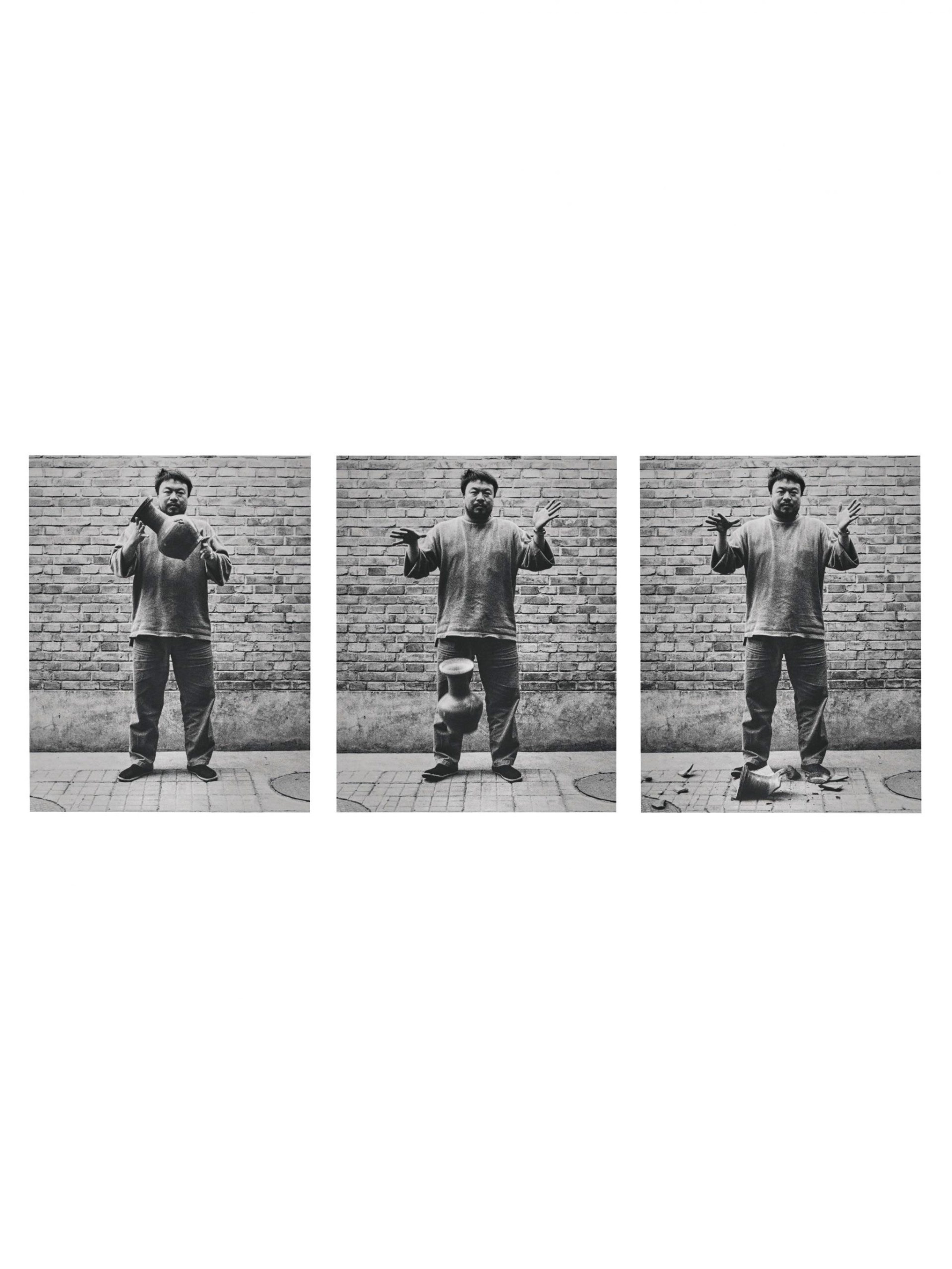 Three photos in a row showing Ai Weiwei dropping a vase to the floor.