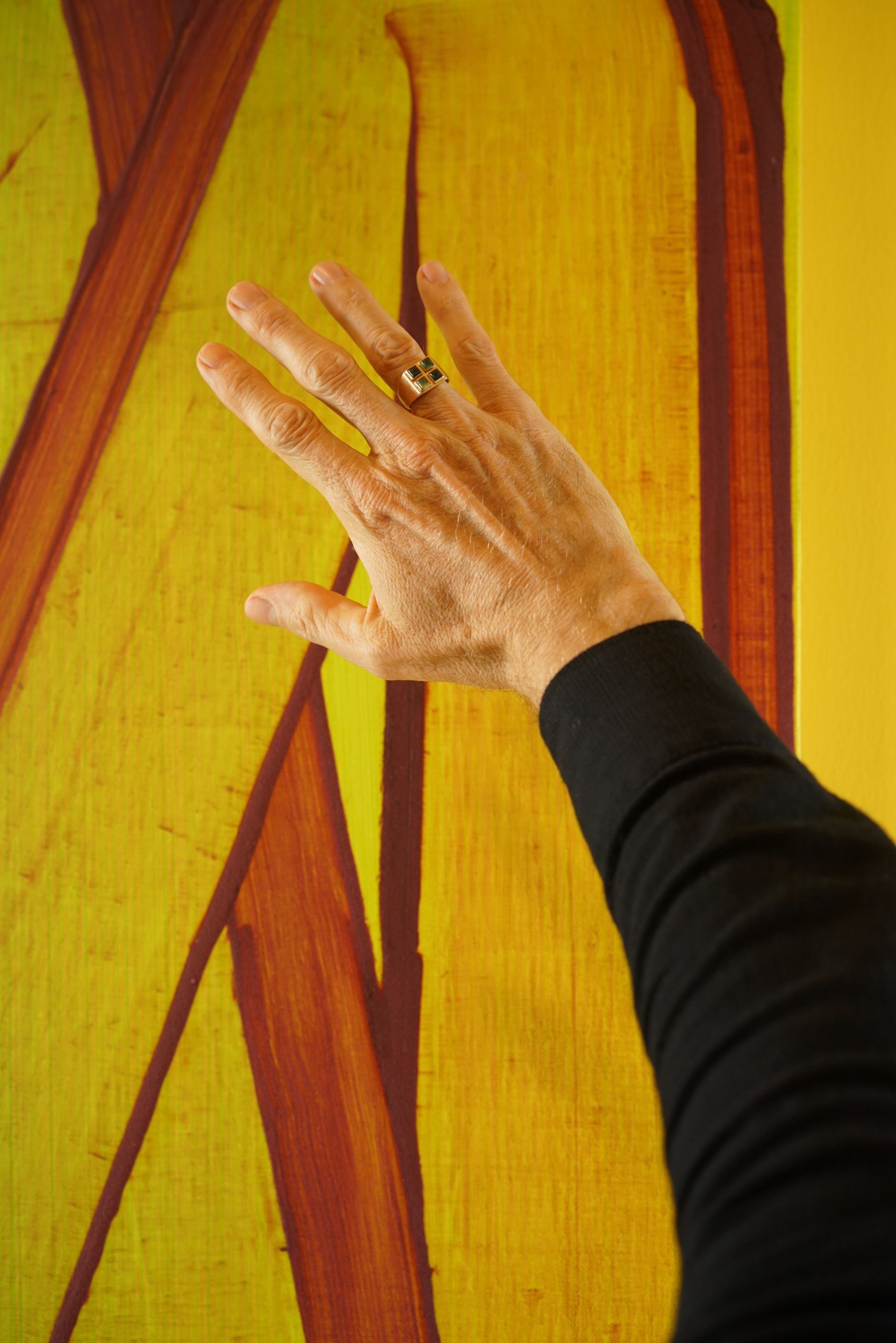 Close-up of Robert Janitz's hand tracing a line on his painting