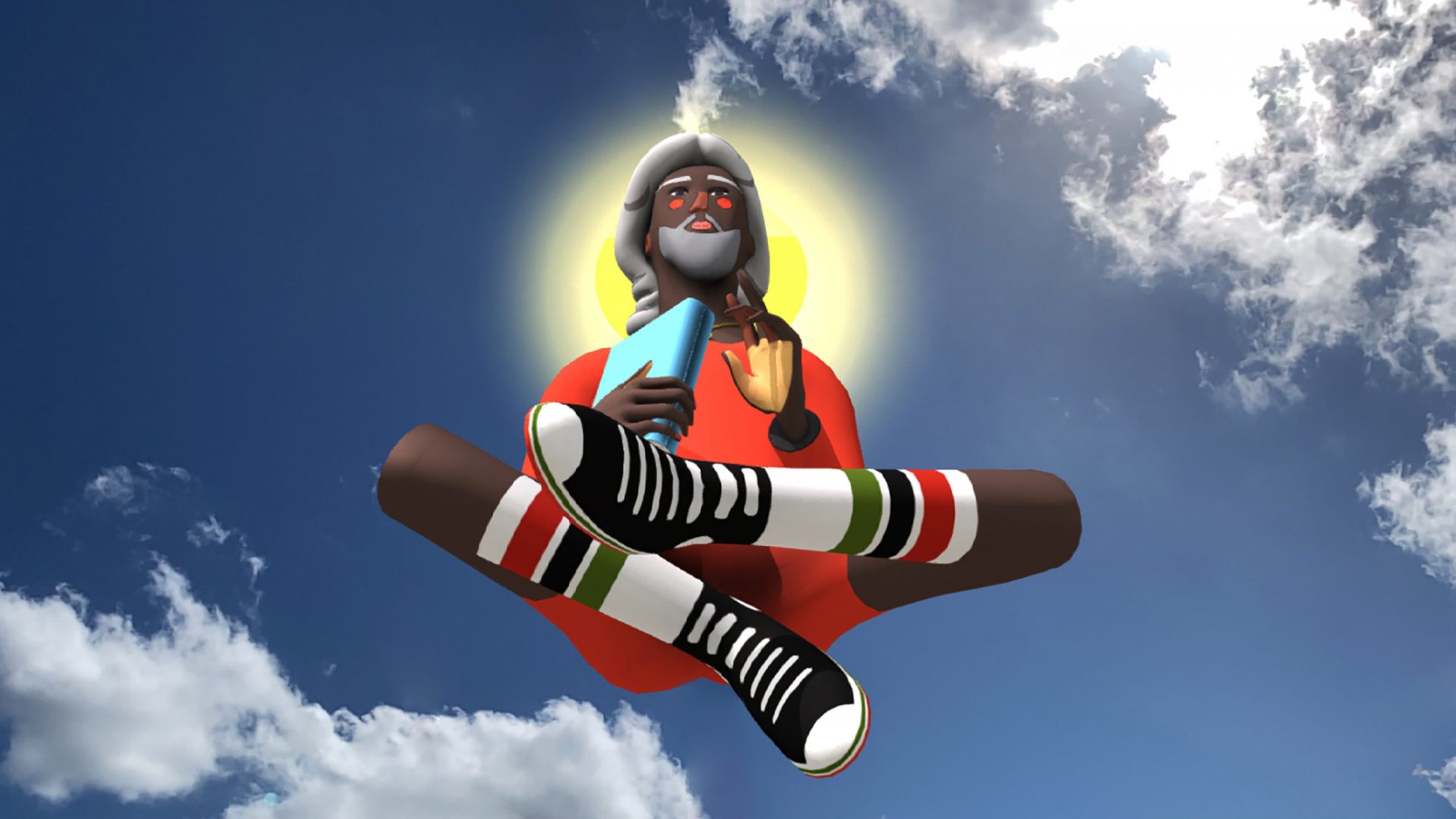 A black religious figure sitting in the mid-air with a hand in his book