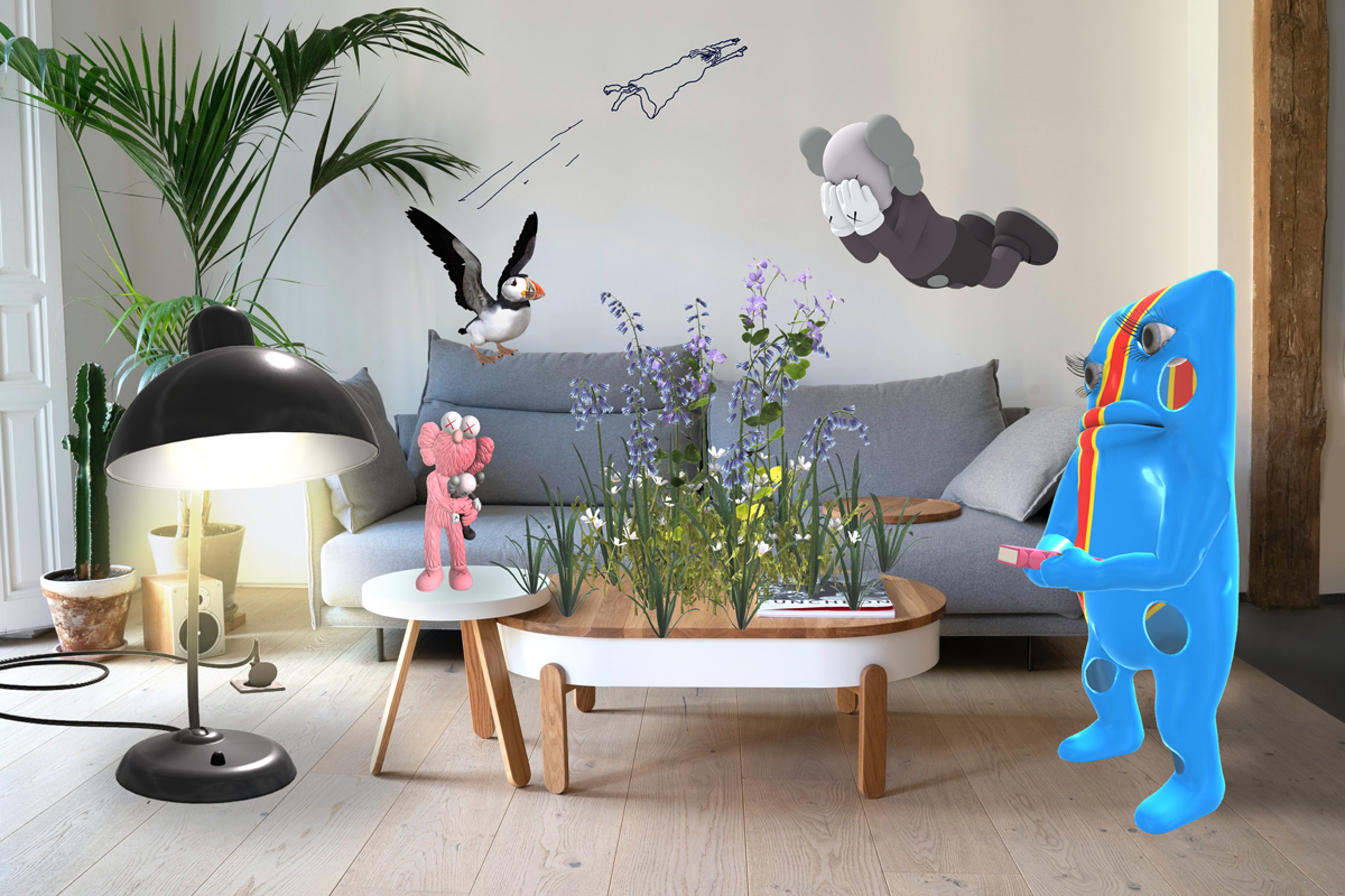 Various digital characters shown in interior home space